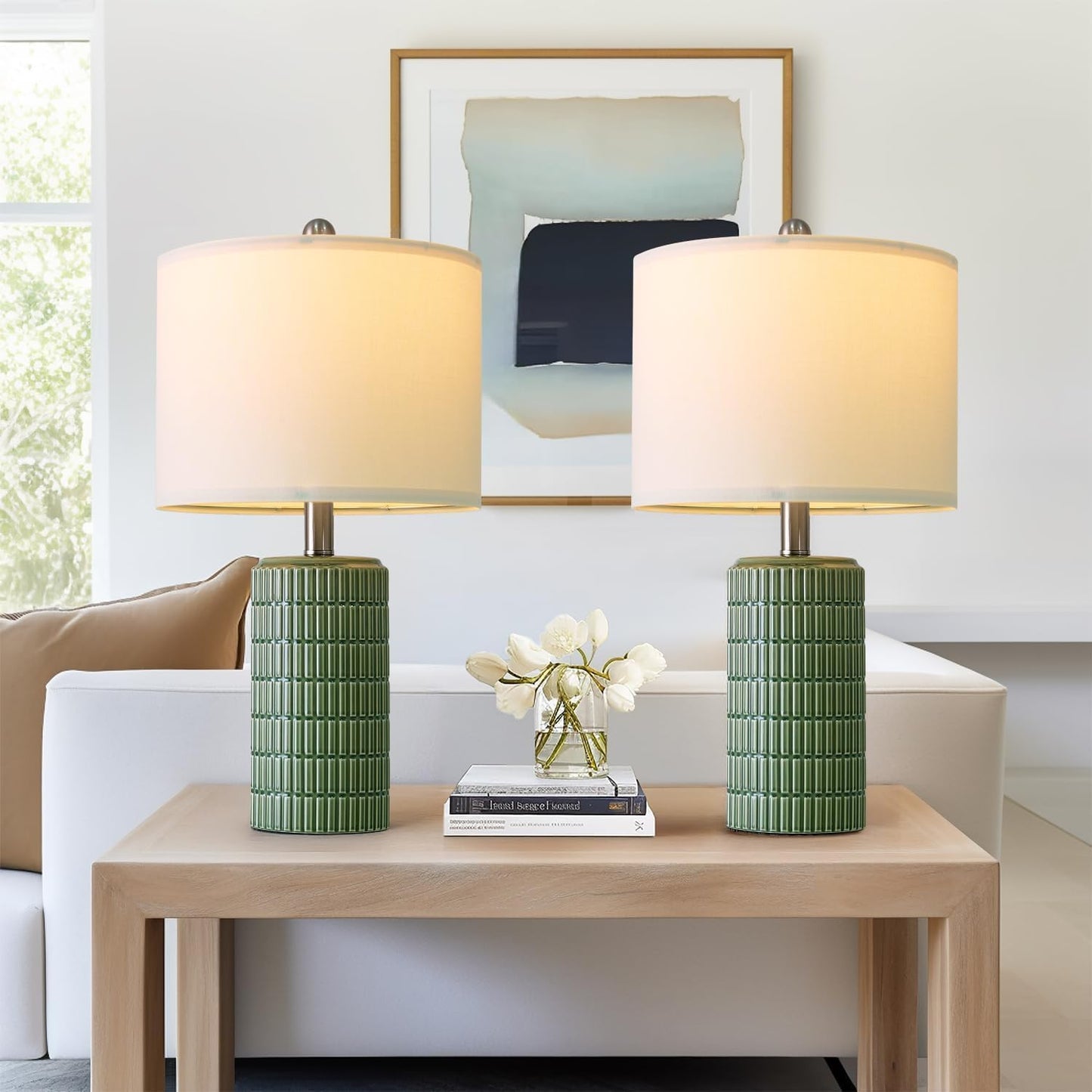 PoKat 20.75" Small Modern Ceramic Table Lamps Set of 2 for Bedroom, White Bedside Lamps for Night Stands, Farmhouse Desk Decor Gift Nightstand Table Lamps for Living Room End Table Beige