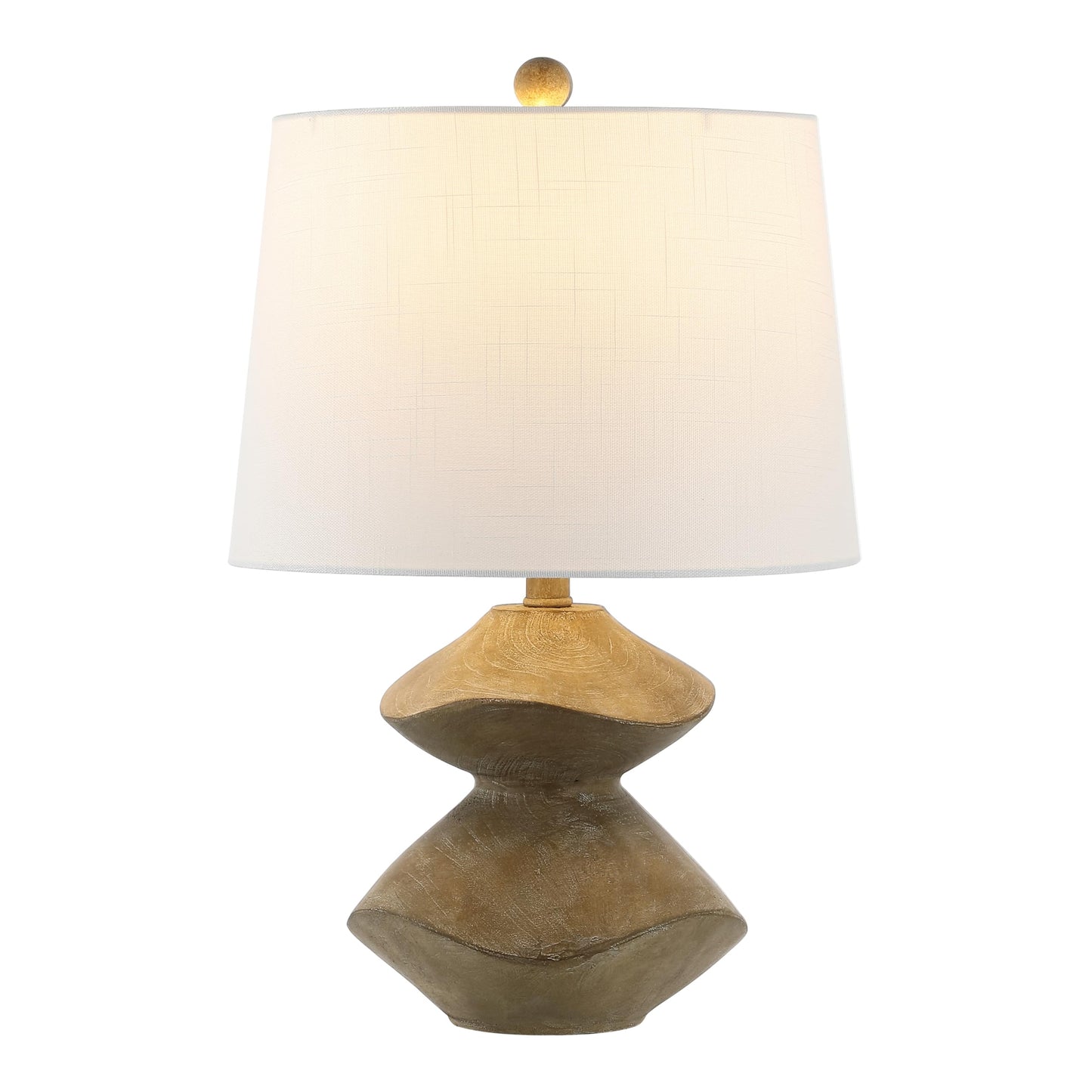 JONATHAN Y 24.5" Brown Wood Finish Coastal 3-Stack Cairn LED Table Lamp for Living Room, White Linen Shade, Rustic Mid-Century Modern Bedside Lamp for Bedroom Office JYL4061A