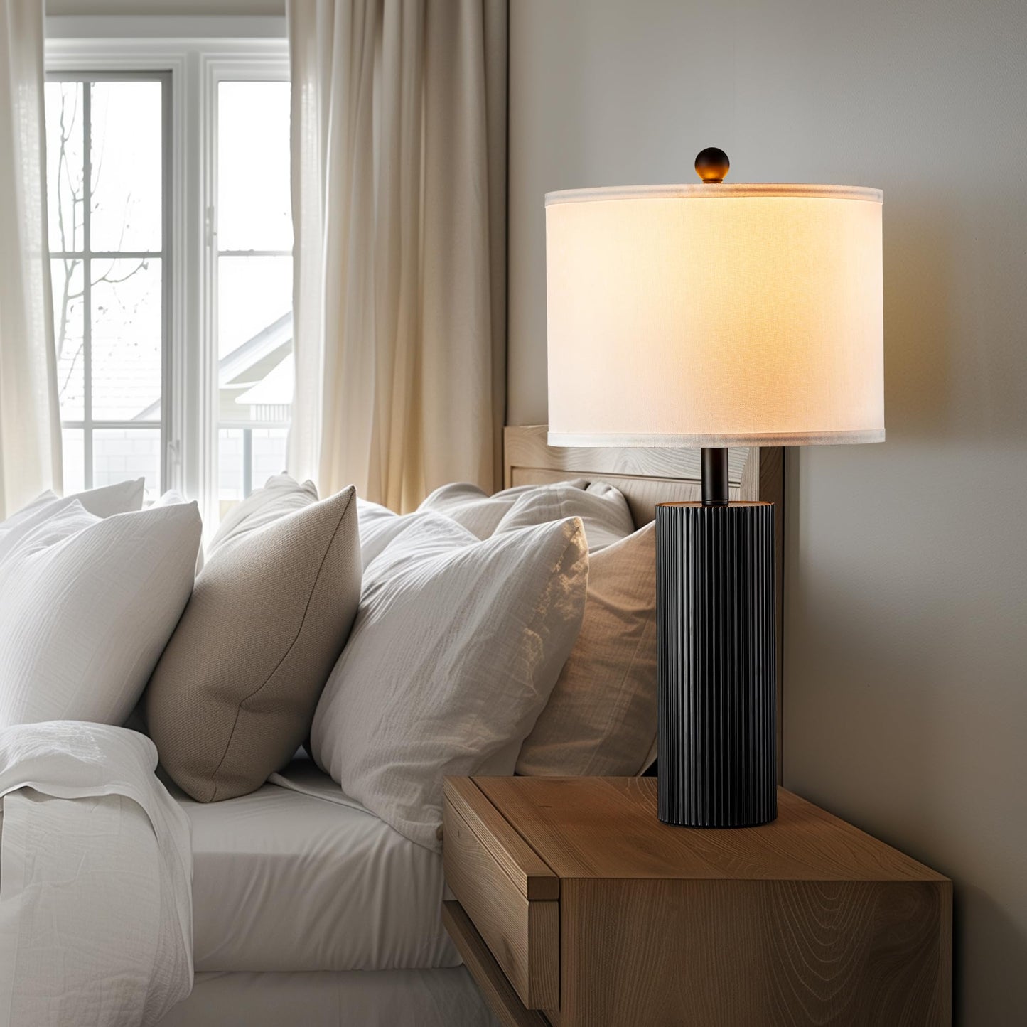 24.5" Black Lamps Set of 2, Modern Table Lamps for Living Room with USB C+A Ports, Creative Stripe Touch Lamps for Nightstand, 2 Bulbs Included