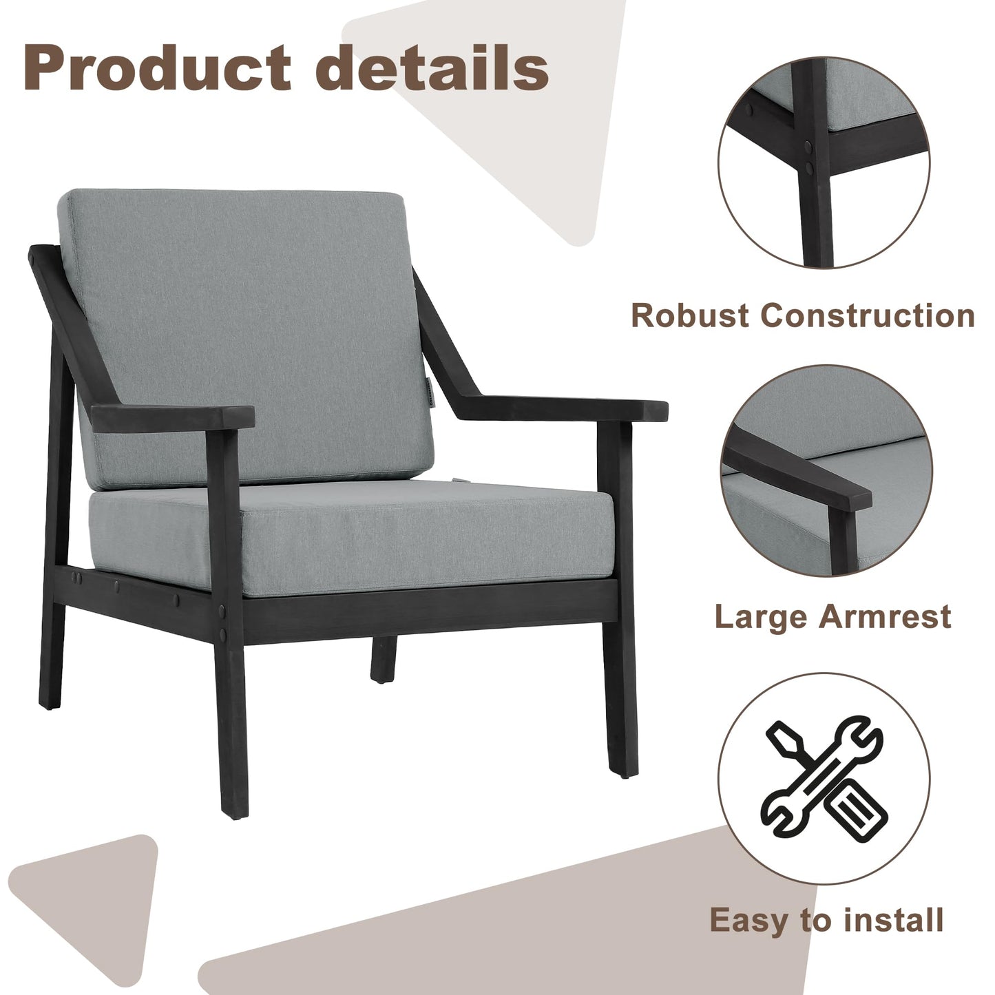 Outdoor Patio Furniture Set, 2 Piece Outdoor Patio Sofa Armchairs with Washable Thick Cushions, All-Weather Solid Wood Patio Bistro Set for Porch, Balcony, Natural Frame & Beige Cushion