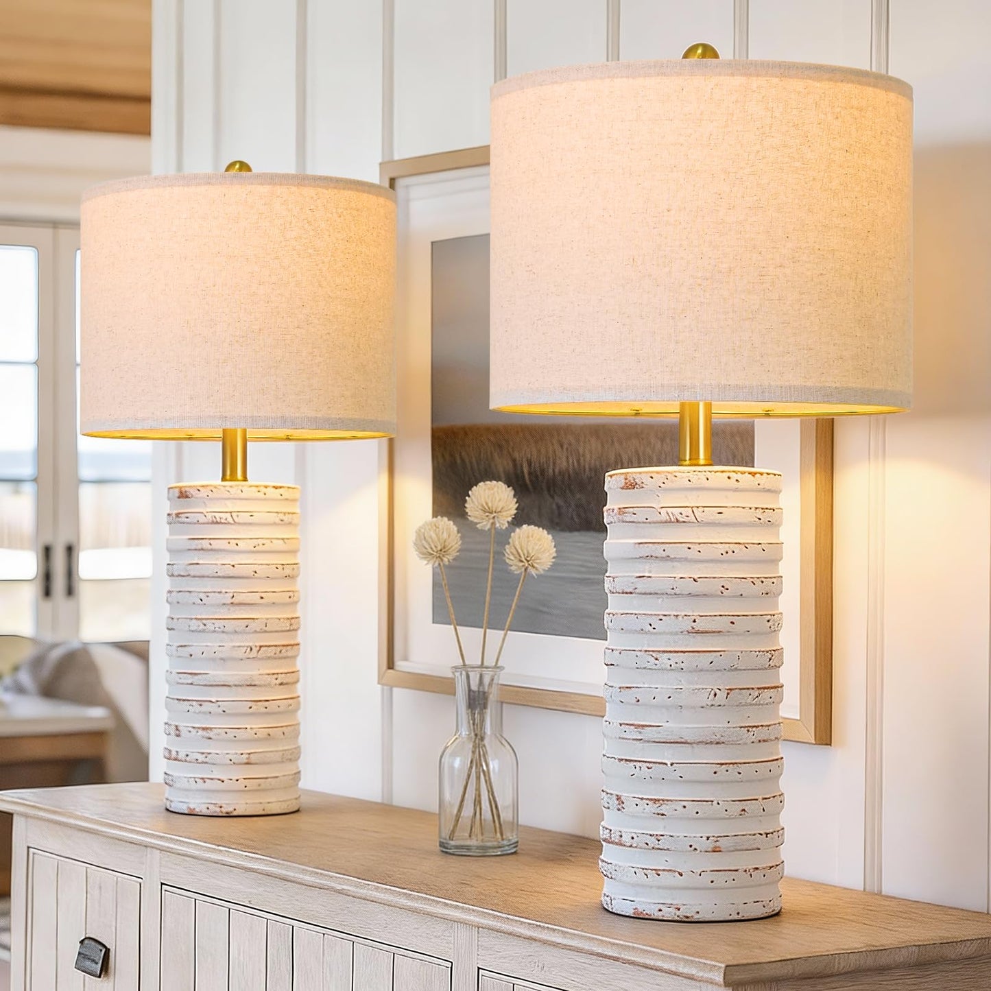 PoKat 27'' Farmhouse Table Lamps Set of 2 for Living Room, Stone-Like Bedside Lamp for Bedroom, Boho Ceramic Tall Lamps for Nightstand Office Sideboard Entryway Distressed (Antique Beige)