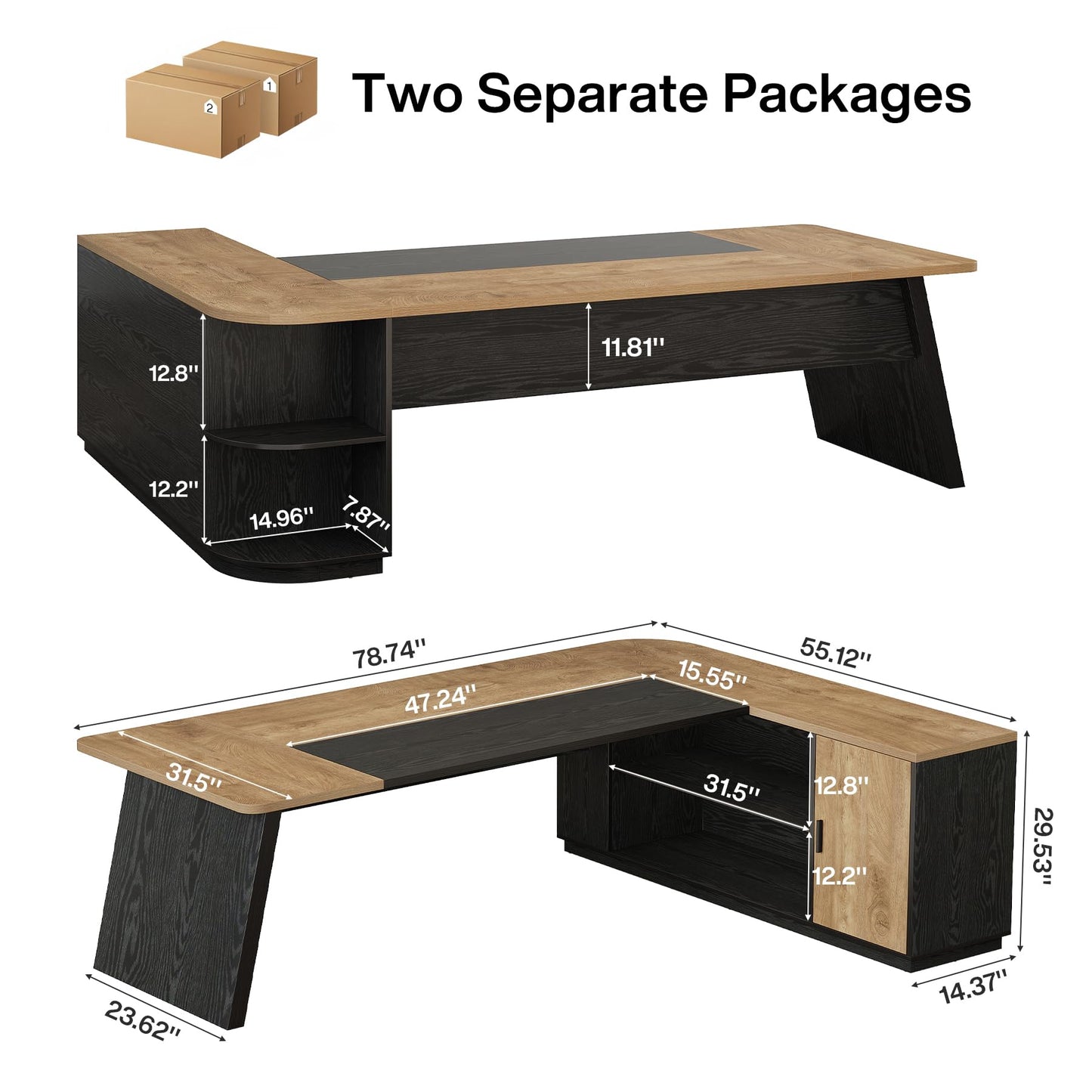 Tribesigns 79-Inch Executive Desk, Large Office Desk with Cabinet, L-Shaped Compter Desk with Storage Shelves, Writing Table for Home Office, Brown and Black