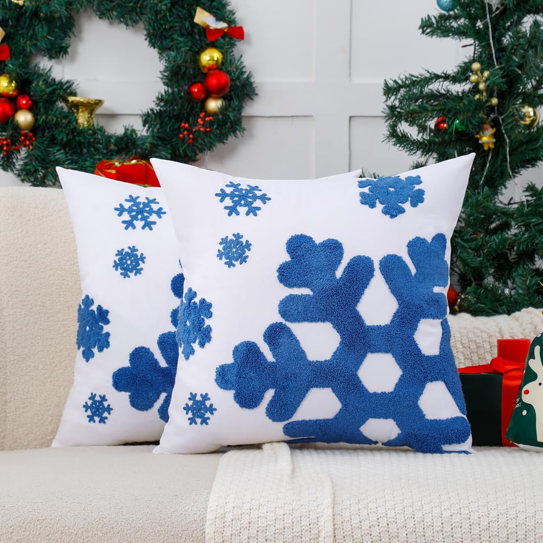 VAKADO Christmas Throw Pillow Covers 18x18 Set of 2 Embroidered Snowflake Decorative Xmas Cushion Cases Holiday Soft Home Decor for Bedroom Sofa Chair Porch Winter, Blue