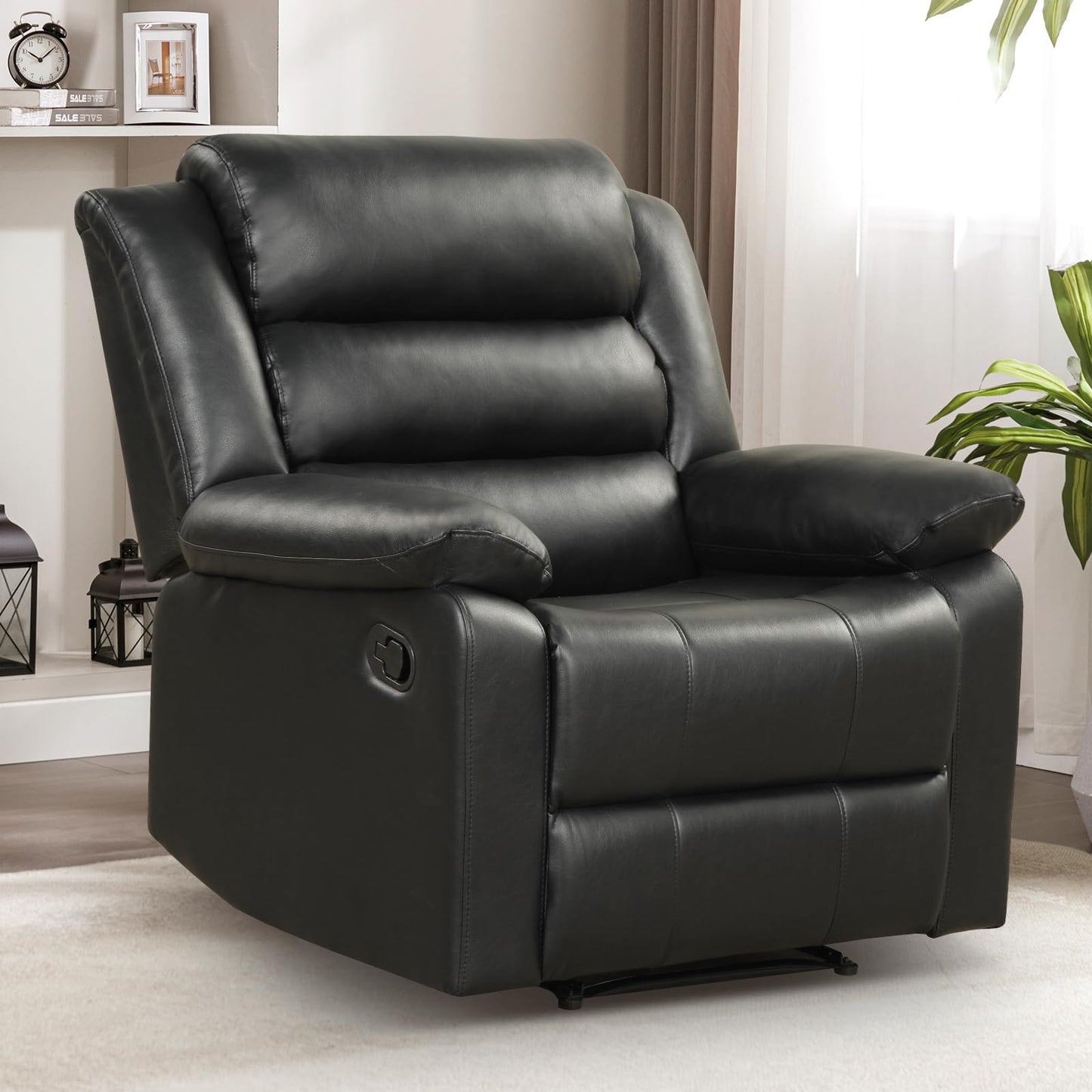IOMOR Manual Recliner Chair with Overstuffed Arm and Extra-Padded Back, Breathable PU Leather Reclining Chair for Adults, Single Sofa for Living Room, Bedroom (Dark Brown)