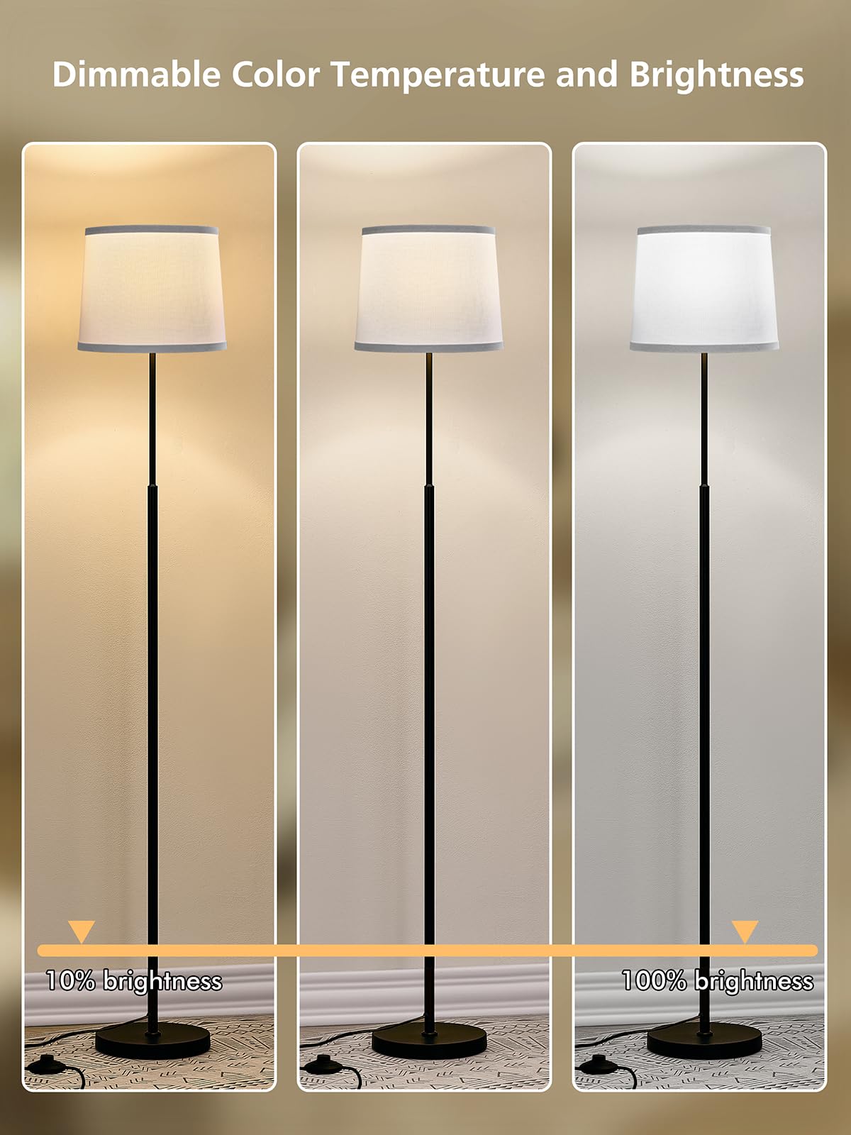 60" Modern Floor Lamp for Living Room Bedroom, Standing Lamp with Oatmeal Linen Lampshade, Tall Lamp with A19 9W 3 Color Temperature Bulb, Foot Switch Control, Black