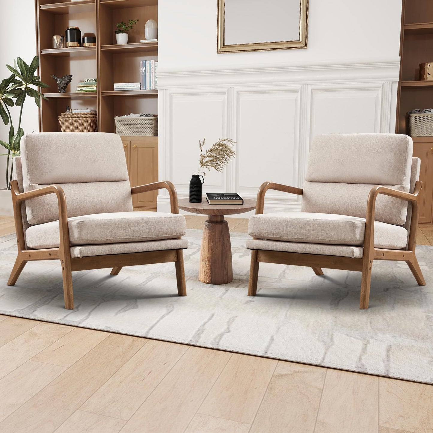 IOMOR Mid Century Modern Accent Chair with Solid Wood Frame Linen Fabric, Upholstered Living Room Chairs with Lumbar Cushion Padded Arms, Reading Armchair for Bedroom (1, Warm Beige)