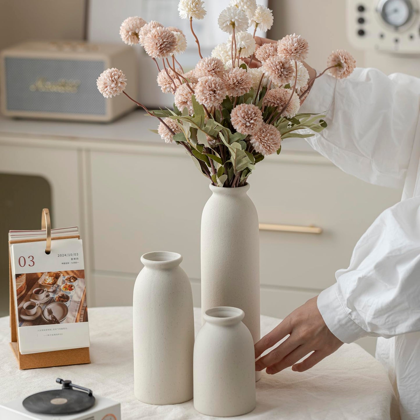 Ceramic Vase Set-3, Small Flower Vases for Decor, Modern Boho Farmhouse Style, Decorative Vases for Pampas Grass & Dried Flowers, Distressed Finish (Beige)