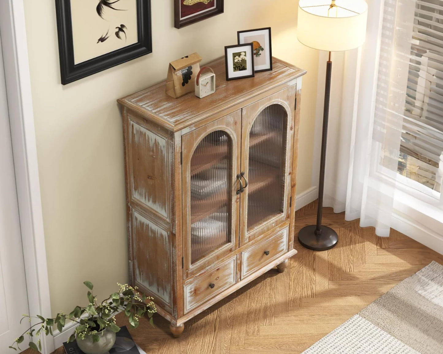 LKTART 60" Farmhouse Sideboard Buffet,Solid Fir Wood Frame with Hollowed-Out Carved Doors,Hand-Distressed Design,Versatile Storage Cabinet for Kitchen, Living Room,Natural Wood