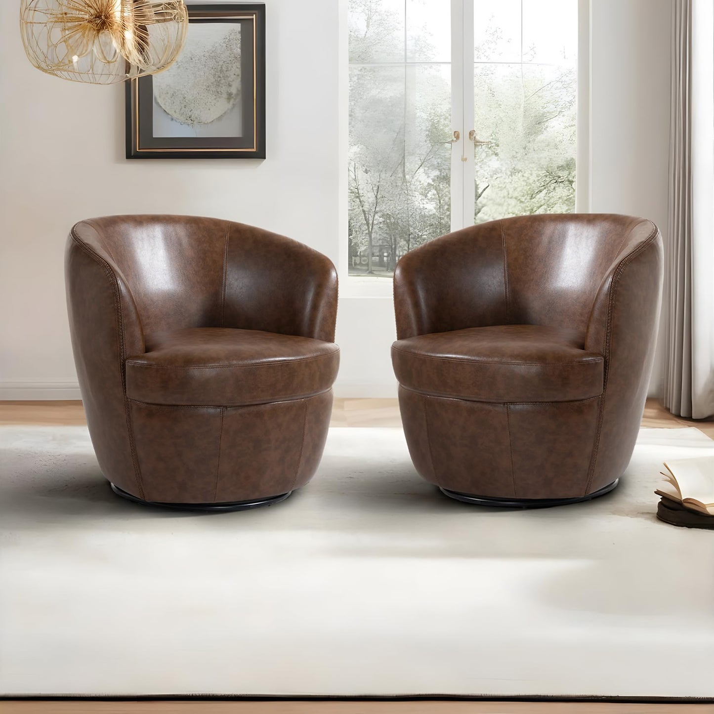 360° Swivel Barrel Accent Chair, Faux Leather Round Swivel Chair for Living Room, Comfy Upholstered Armchair Single Sofa Club Chair for Bedroom Reading Room, No Assembly Required - Light Brown