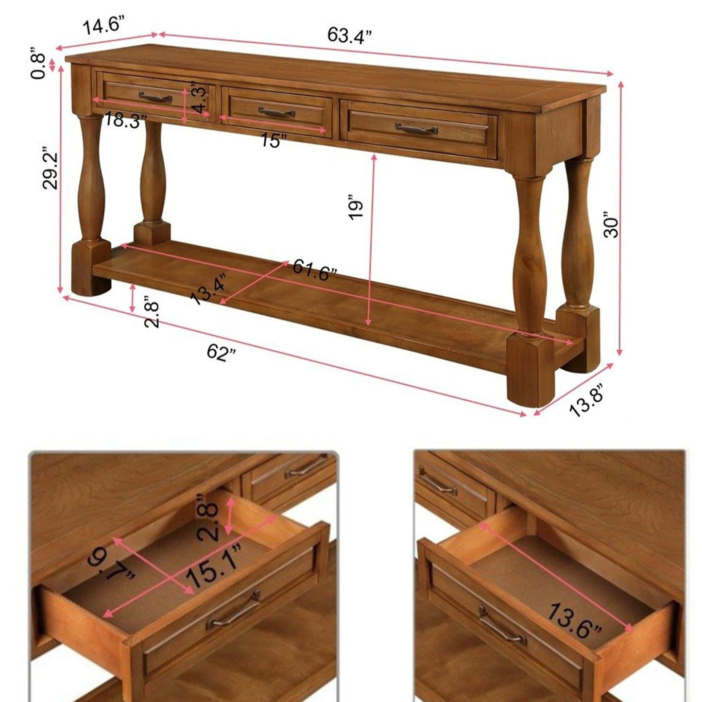 LKTART Solid Wood Console Table for Entryway,Long Sofa Table with 3 Drawers and Bottom Shelf for Hallway,Foyer,Entry,Easy Assembled (63" Light Espresso)