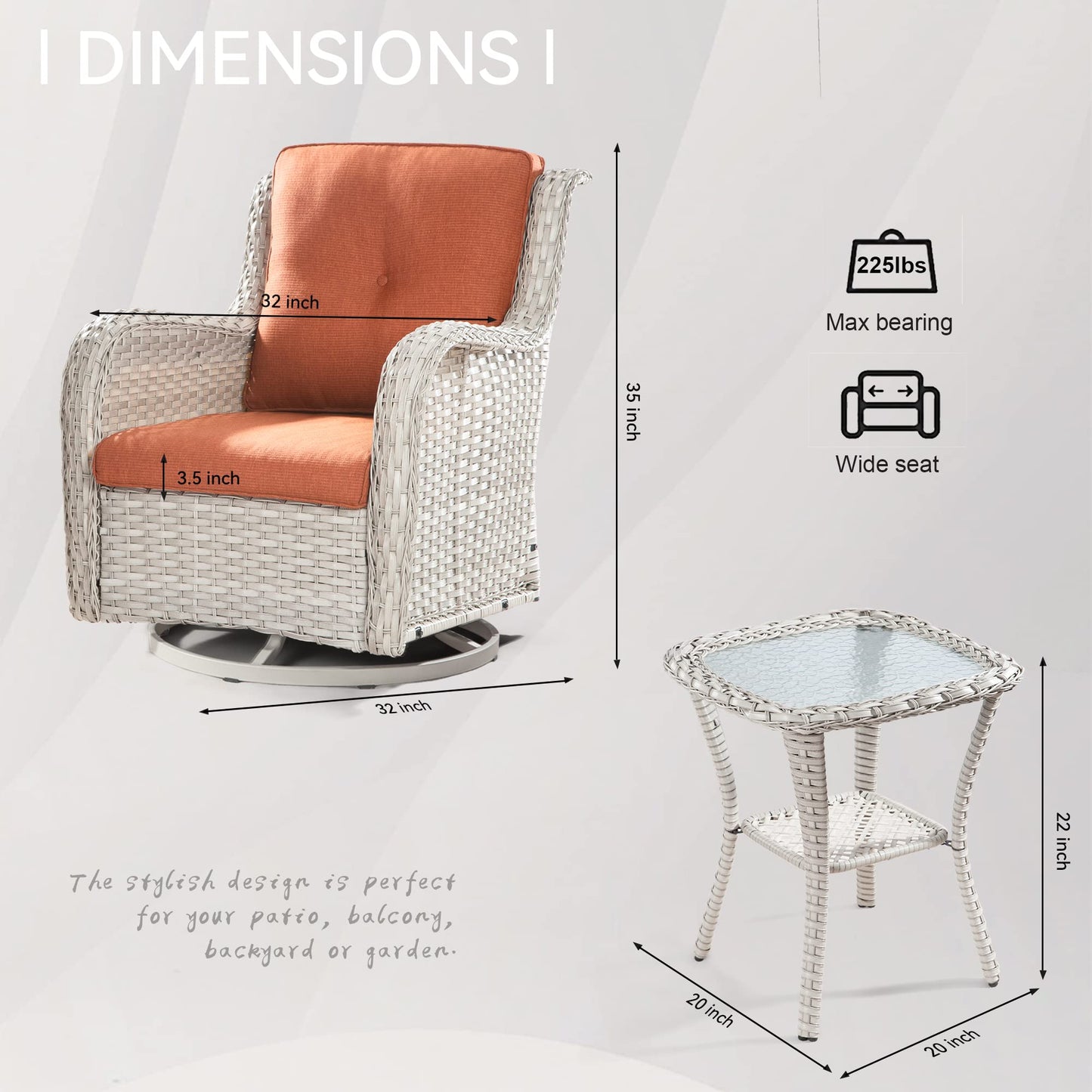 Joyside Outdoor Swivel Rocker Patio Chairs Set of 2 and Matching Side Table - 3 Piece Wicker Patio Bistro Set with Premium & Soft Fabric Cushions(Light Grey/Red)