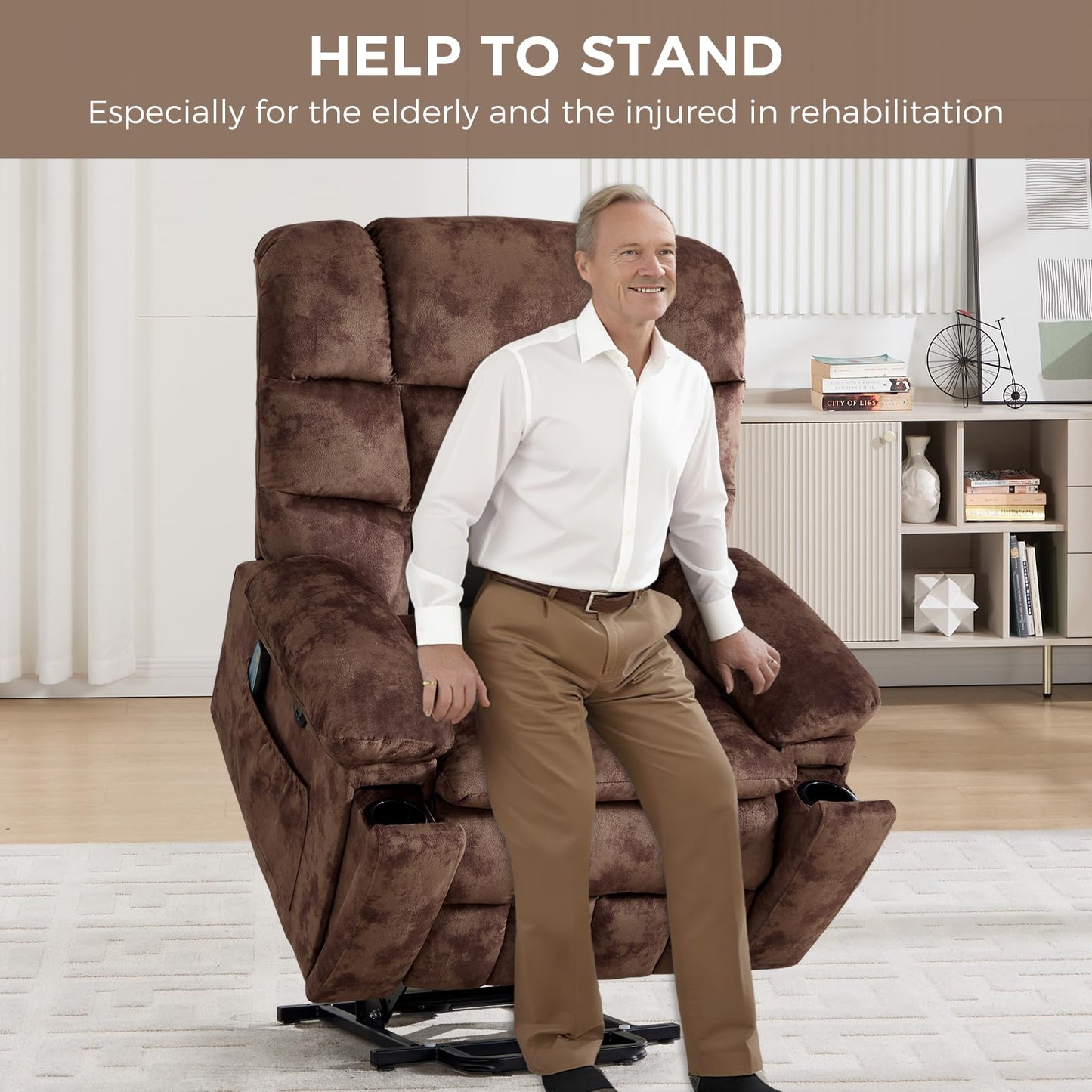 IOMOR Large Power Lift Recliner with Massage and Heat for Elderly, Heavy Duty & Safety Motion Reclining Mechanism, Ergonomic Electric Wider Chair with USB Port, 2 Hidden Cup Holders (1, Brown)