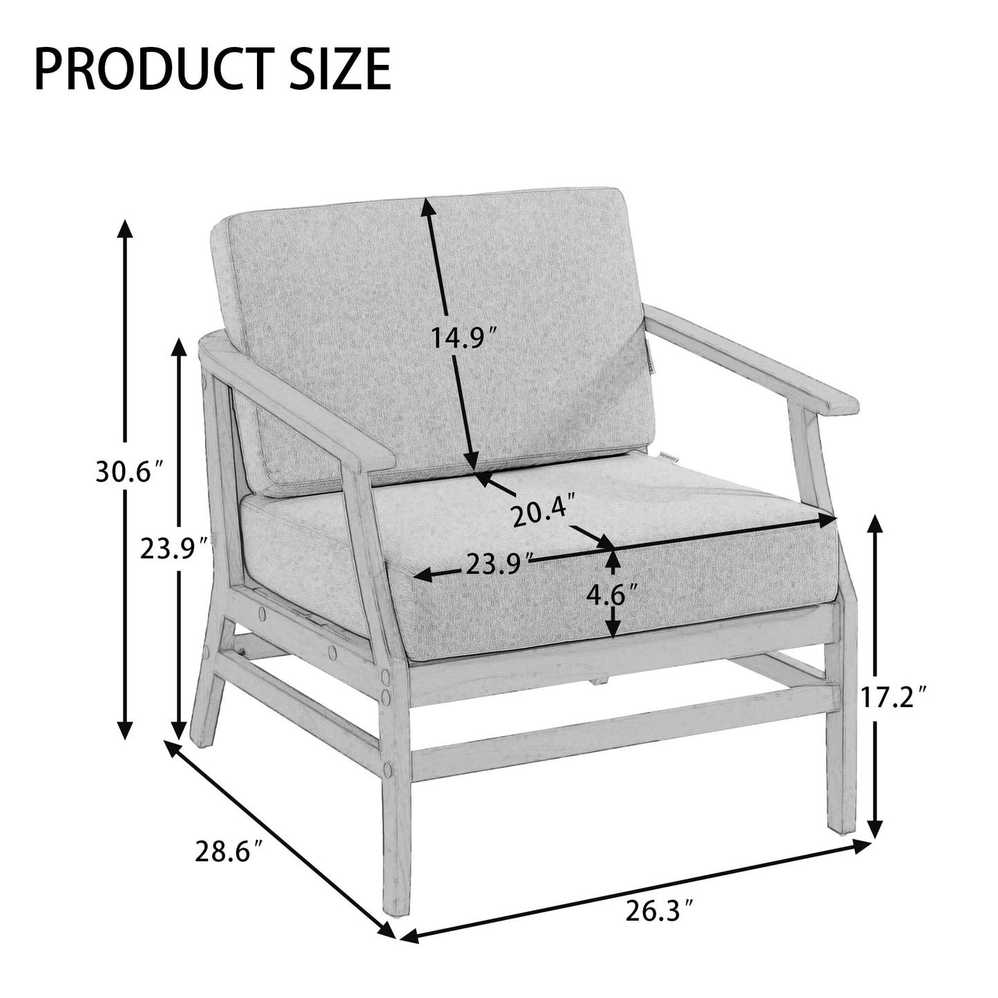 Outdoor Patio Armchairs, 2 Pieces Solid Wood Patio Furniture Sets with Washable Thick Cushions, All-Weather Outdoor Sofa Chairs for Backyard, Garden, Poolside, Natural Frame & Dark Gray Cushion