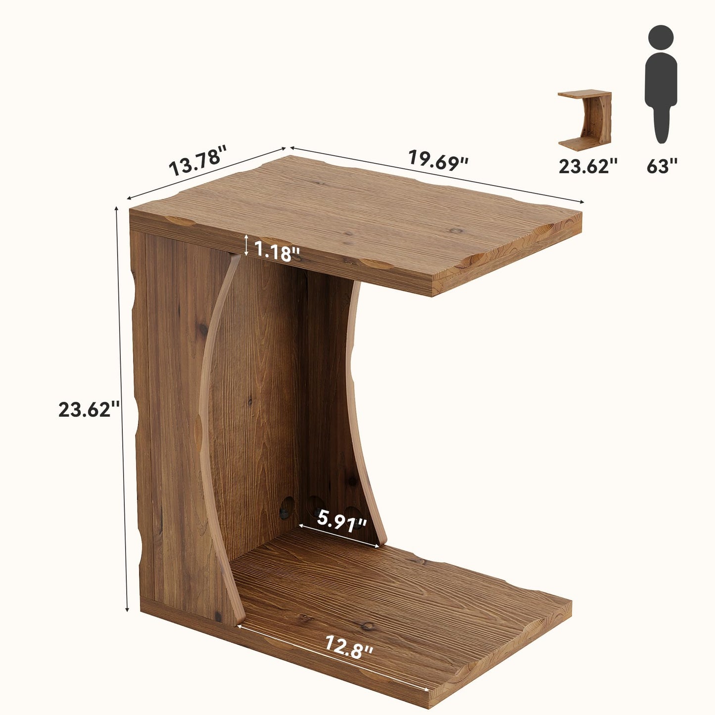 C-Shaped End Table for Living Room, Solid Wood Narrow Skinny Side Table for Couch, Farmhouse Bedside Nightstand with Storage Shelf for Bedroom, Small Place, Easy Assembly, Rustic Brown,1PCS