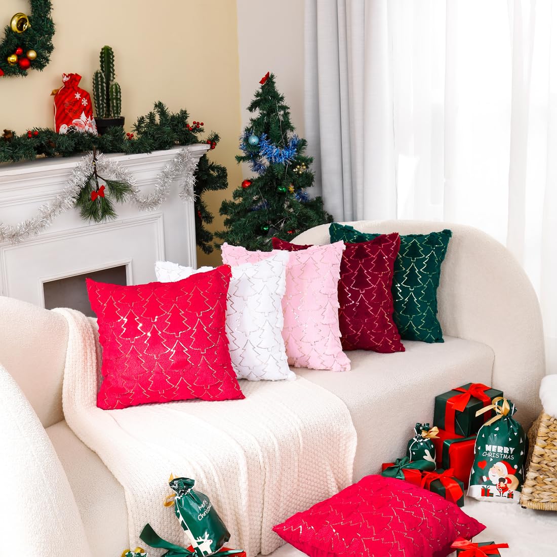 VAKADO Christmas Throw Pillow Covers 18x18 Set of 2 Embroidered Decorative Xmas Couch Cushion Cases Holiday Soft Home Decor for Bedroom Sofa Chair Porch Winter, Cream