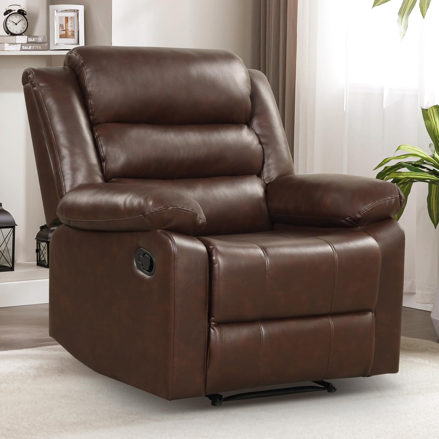 IOMOR Manual Recliner Chair with Overstuffed Arm and Extra-Padded Back, Breathable PU Leather Reclining Chair for Adults, Single Sofa for Living Room, Bedroom (Dark Brown)