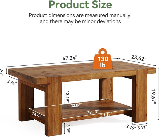 47" Large Coffee Table with Storage Shelf, Solid Wood Heavy-Duty Rustic Brown Farmhouse Living Room Furniture Center Table Holds Up to 350 lb