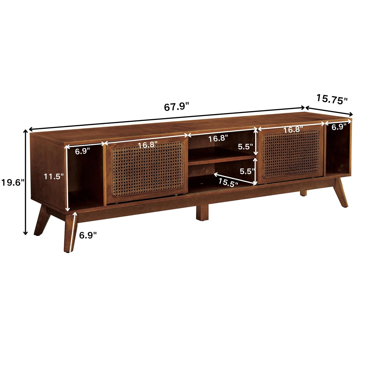 LKTART Mid Century Modern Rattan TV Stand for 65 Inch TV,59" Boho Media Console with Sliding Doors & Open Shelves,Solid Wood Legs for Living Room,Light Walnut