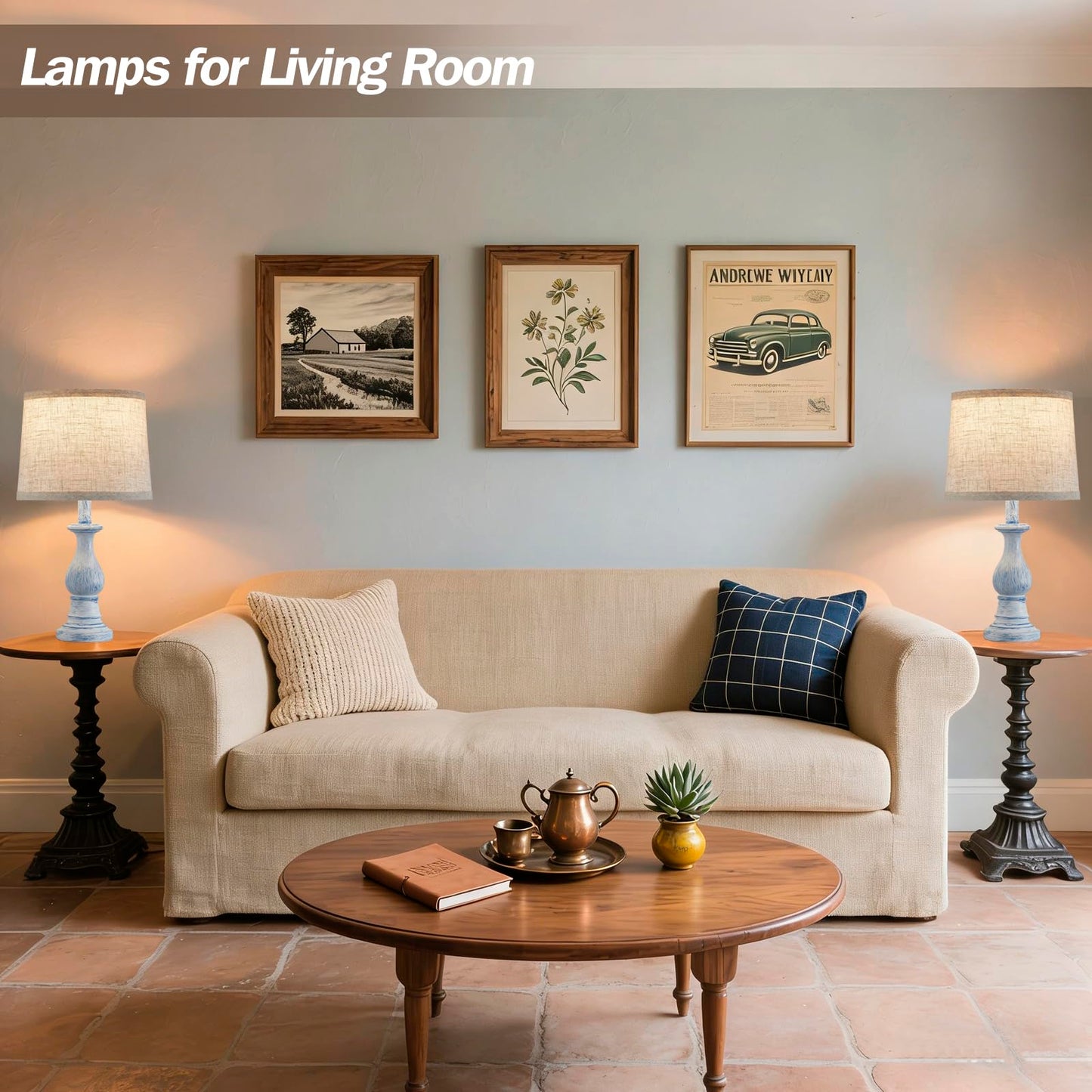 Vintage Table Lamp for Living Room Bedroom, 18.5" Farmhouse Bedside Lamps Nightstand Lamp Set of 2, Table Lamps with Oatmeal Linen Lamp Shades, 2 LED Bulbs Included