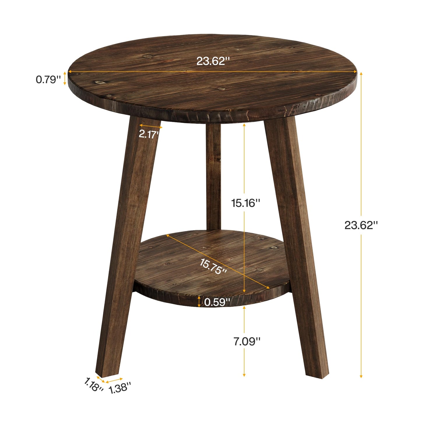 Solid Wood Round End Table, Sofa Side Table with Storage Shelf, Farmhouse Nightstand for Living Room, Bedroom, Easy Assembly (Dark Brown, 1 PC)