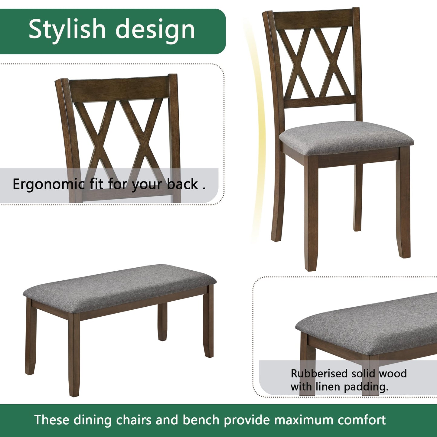 LKTART 6 Piece Kitchen Dining Set, 58.5" Rectangular Wooden Dinner Table with 4 Upholstered Chairs and a Bench for Living Room, Home Bar and Kitchen, Walnut