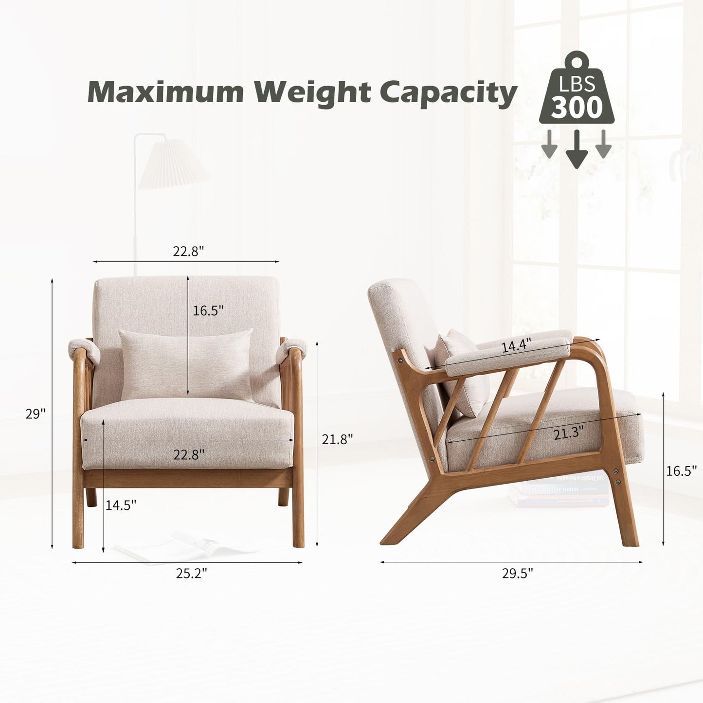 IOMOR Mid Century Modern Accent Chair with Solid Wood Frame Linen Fabric, Upholstered Living Room Chairs with Lumbar Cushion Padded Arms, Reading Armchair for Bedroom (1, Warm Beige)