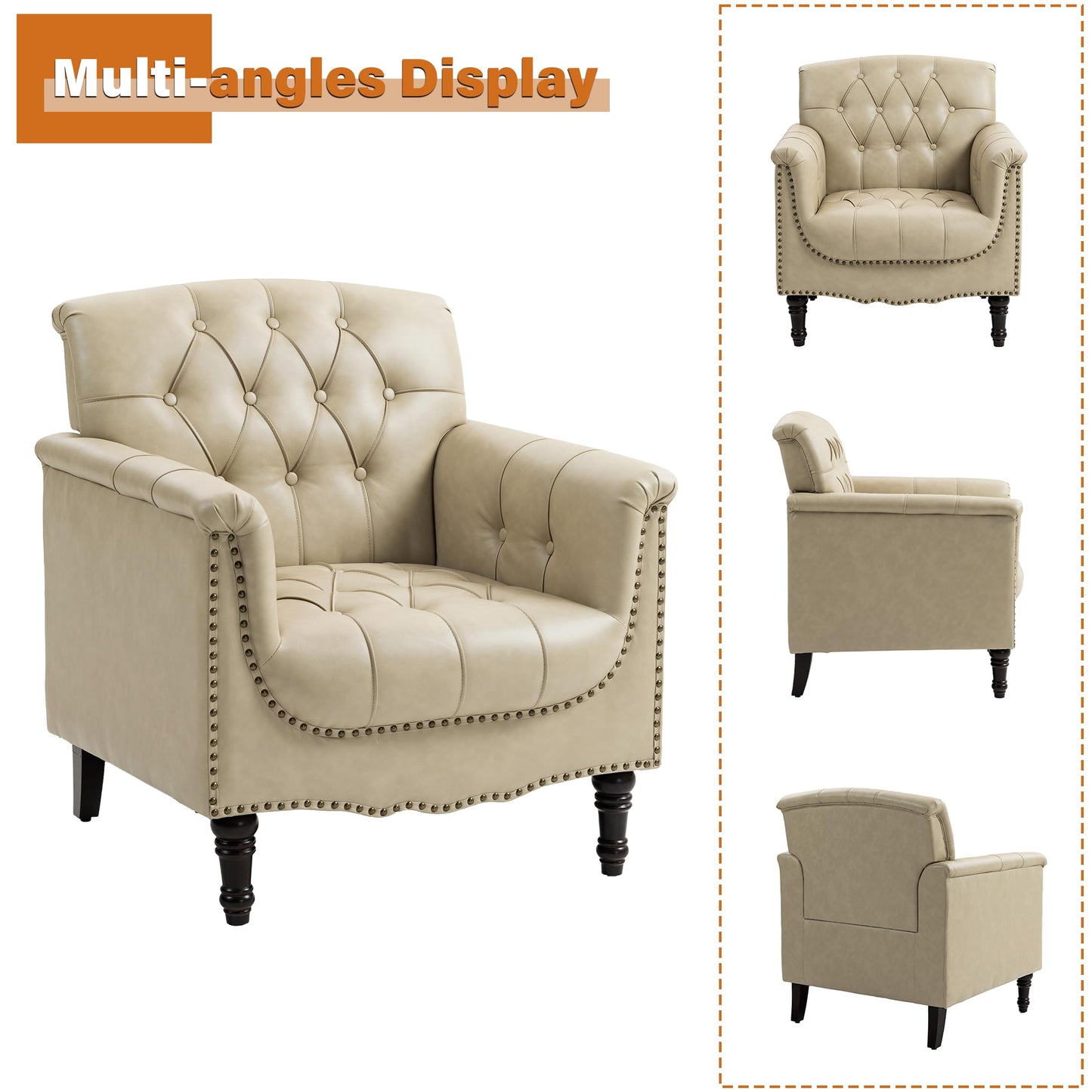 Faux Leather Club Chair, Retro Upholstered Armchair Accent Chair with Solid Wood Legs & Nailhead Trim for Living Room, Bedroom, Reading Room, Camel