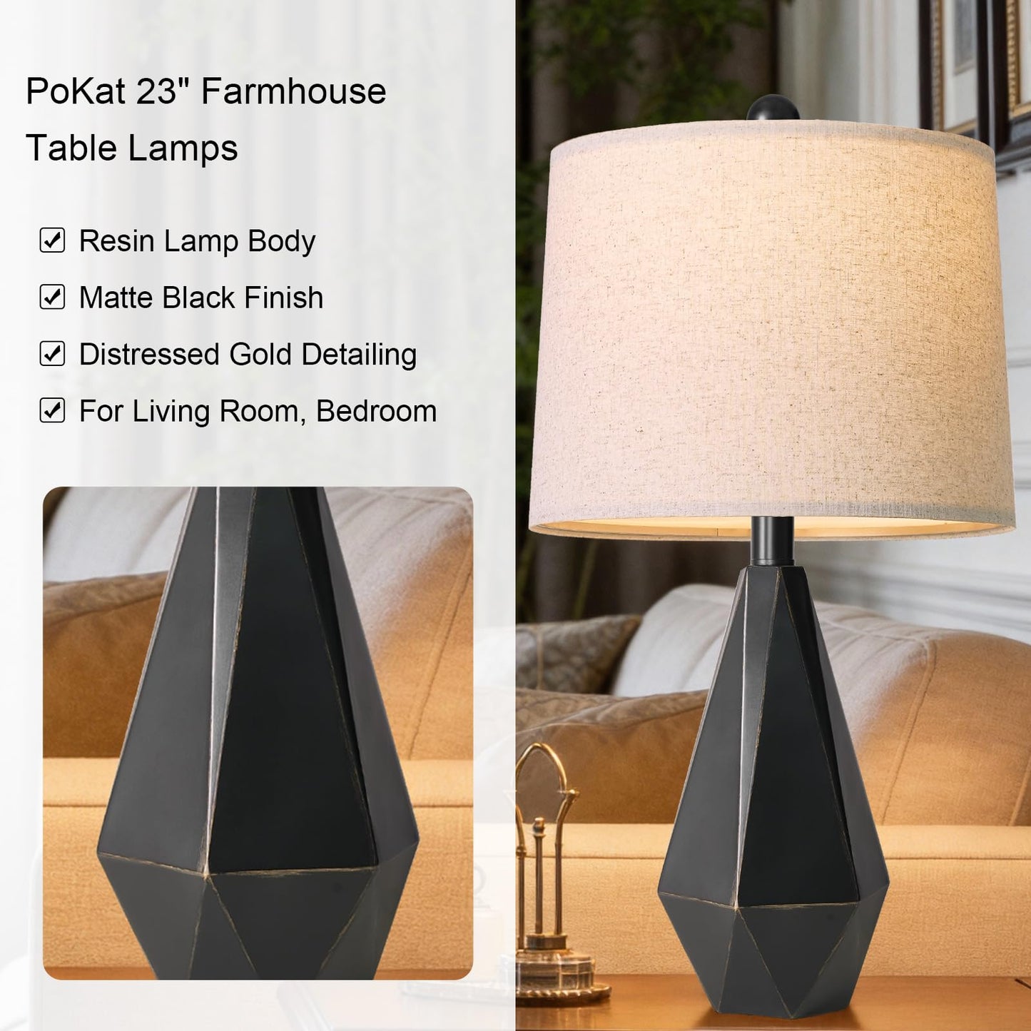 PoKat 23.5'' Table Lamps Set of 2 for Bedroom, Farmhouse Nightstand Lamps for Living Room, Rustic Bedside Lamps with Linen Lampshade for Side Table Office Hallway Entryway Dark Wood-Like (Brown)