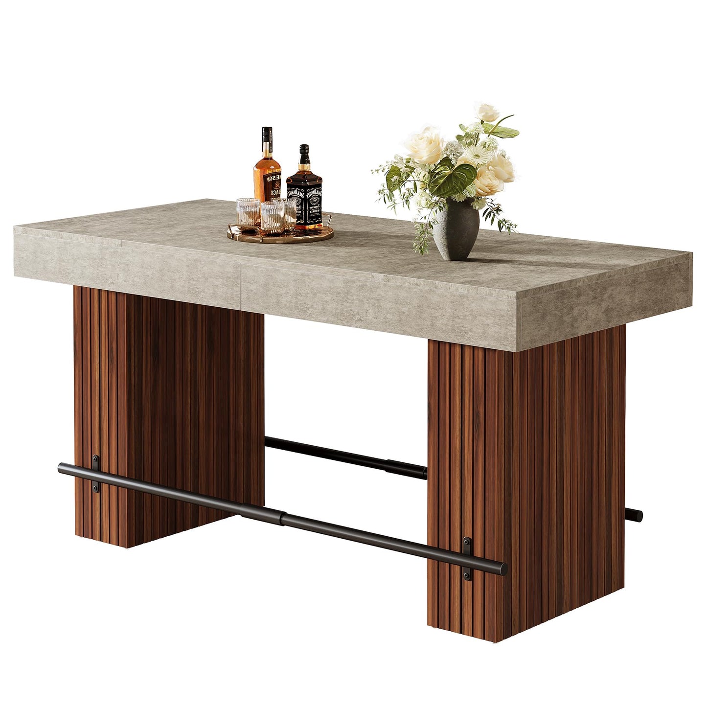 Tribesigns 62.2 Inch Bar Table, Industrial Counter Height Pub Dining Table, Rectangular Home Bar Units with Metal Footrest for Home Kitchen, Dining Room, Bistro, Brown and Dark Grey