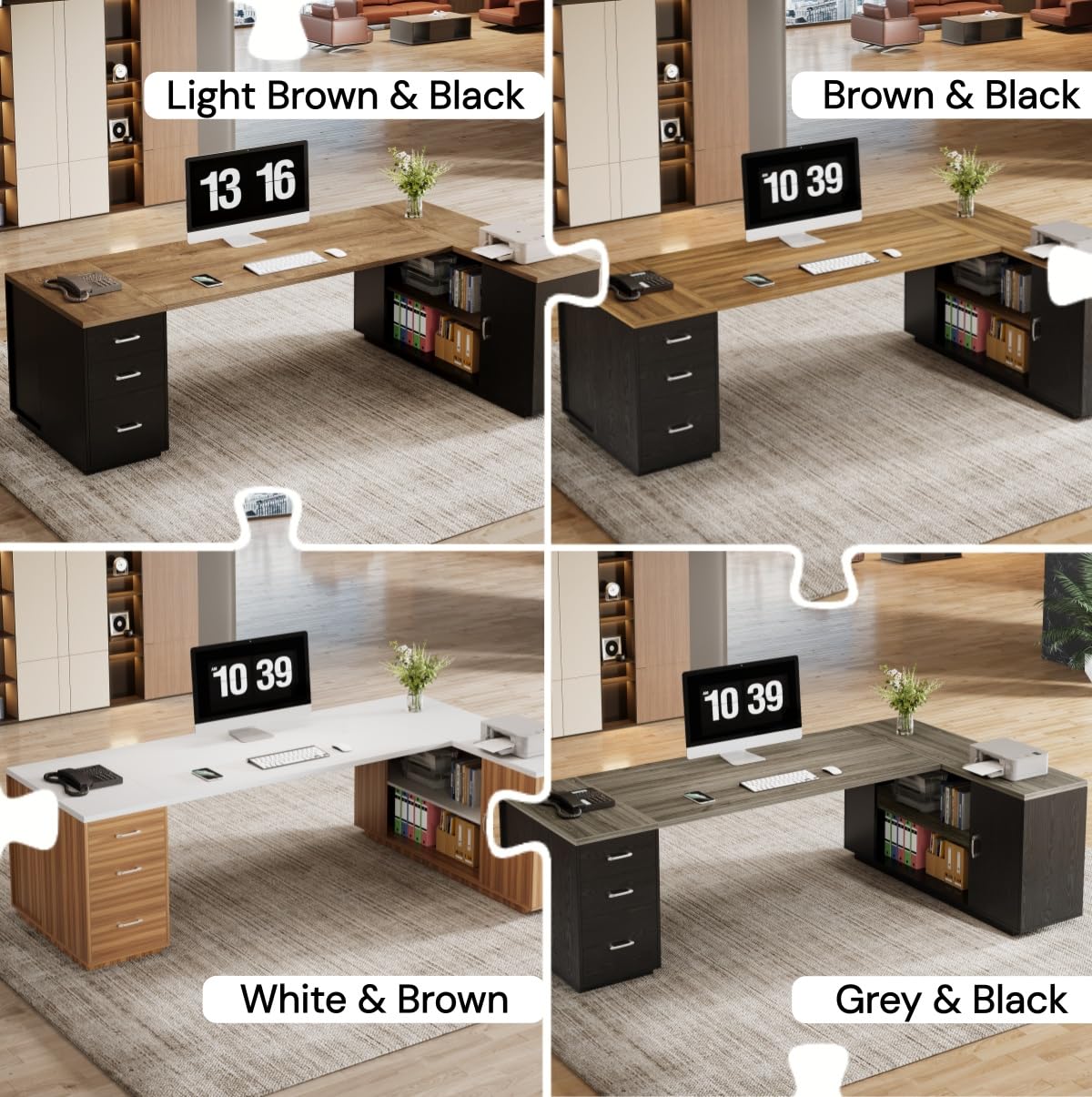 Tribesigns 85.8-Inch L-Shaped Executive Desk with File Drawers, Door Cabinet & Shelves, Extra Large Commercial Office Desk, Modern Professional Office Table, Business Furniture, Warm Brown & Black