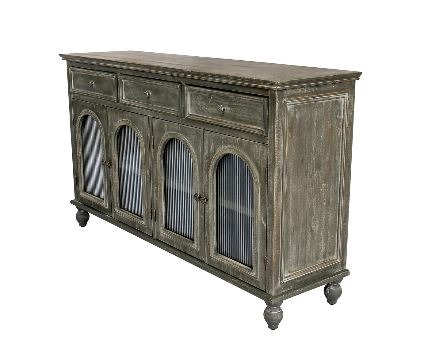 LKTART 60" Farmhouse Sideboard Buffet,Solid Fir Wood Frame with Hollowed-Out Carved Doors,Hand-Distressed Design,Versatile Storage Cabinet for Kitchen, Living Room,Natural Wood