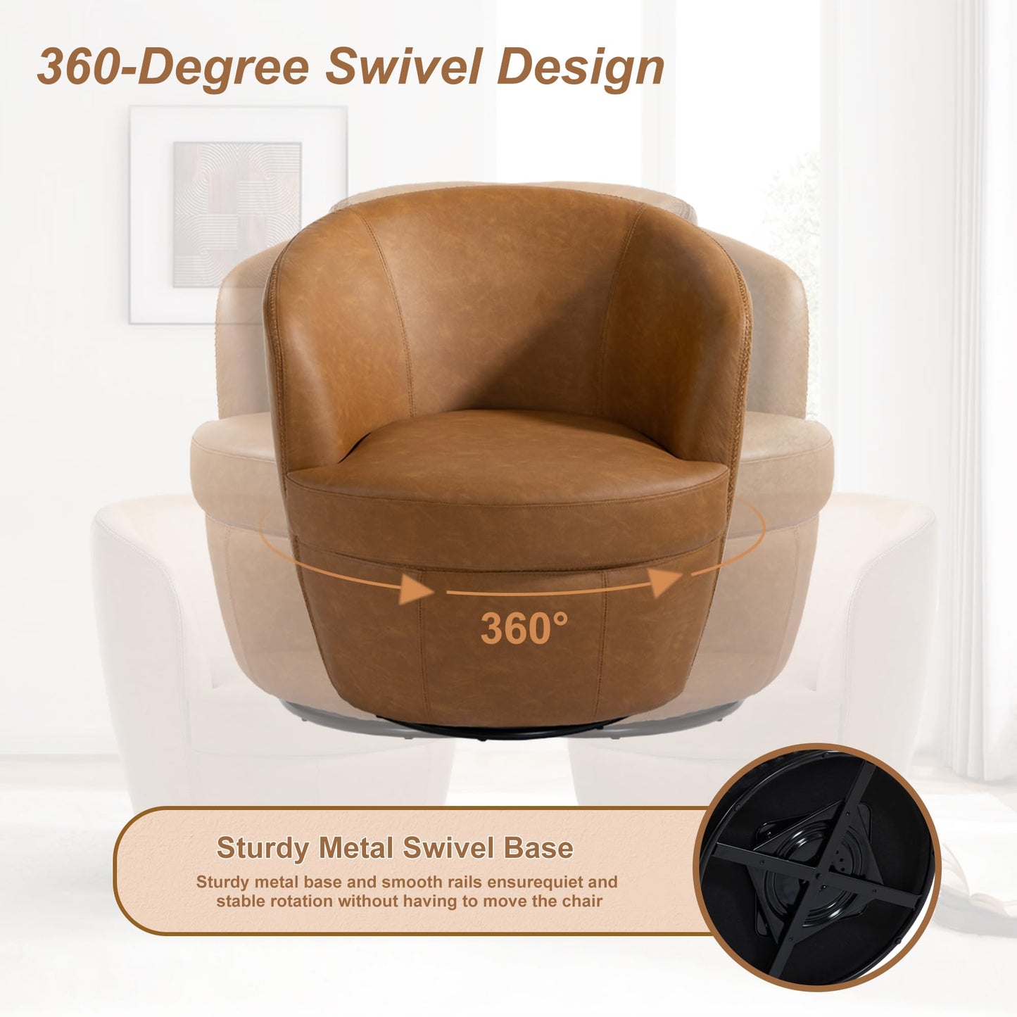 360° Swivel Barrel Accent Chair, Faux Leather Round Swivel Chair for Living Room, Comfy Upholstered Armchair Single Sofa Club Chair for Bedroom Reading Room, No Assembly Required - Light Brown