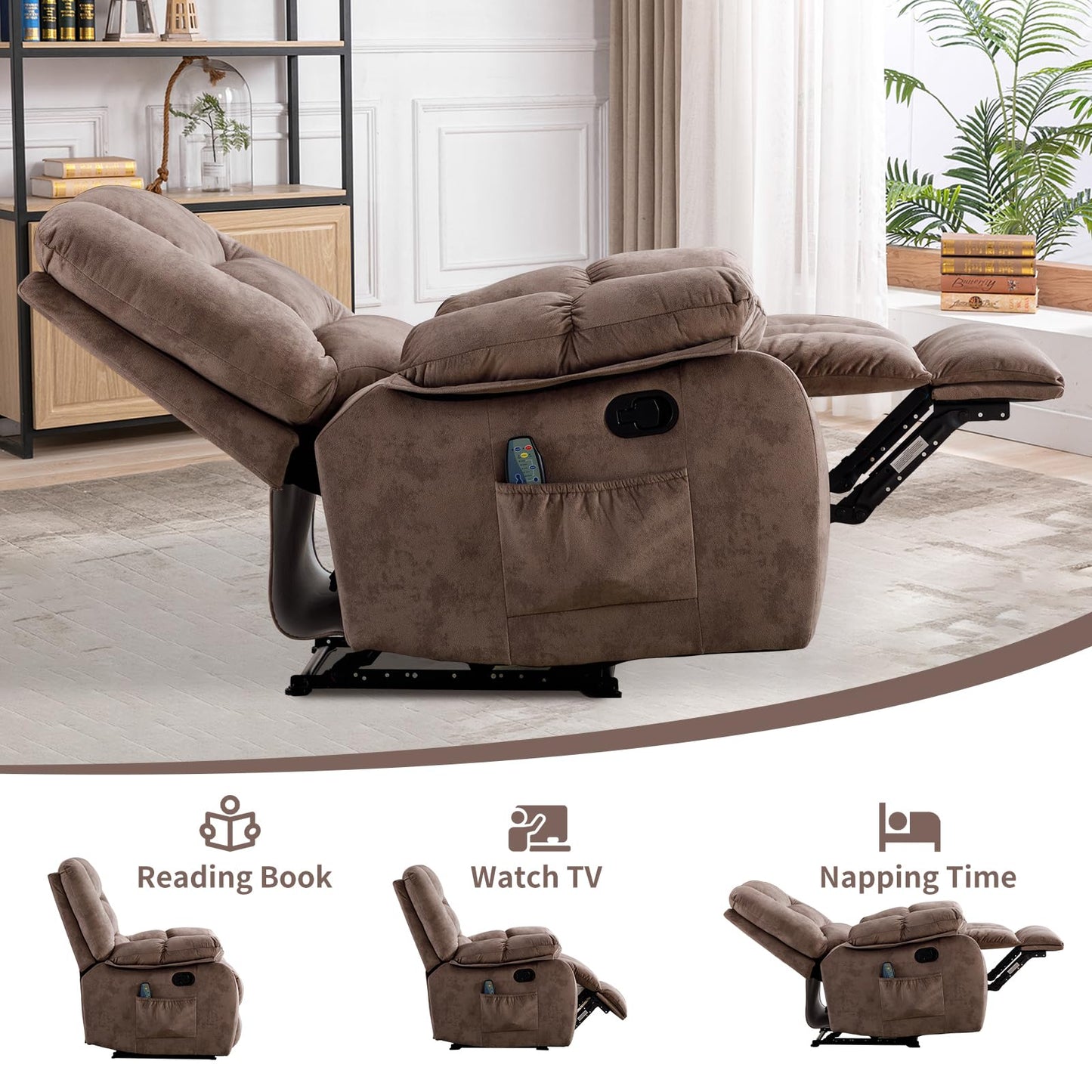 IOMOR Massage Recliner Chair with Heat and Massage, Ergonomic Overstuffed Breathable Fabric Reclining Chairs, Single Sofa Chair with Side Pockets for Living Room Home Theater (Dark Gray)