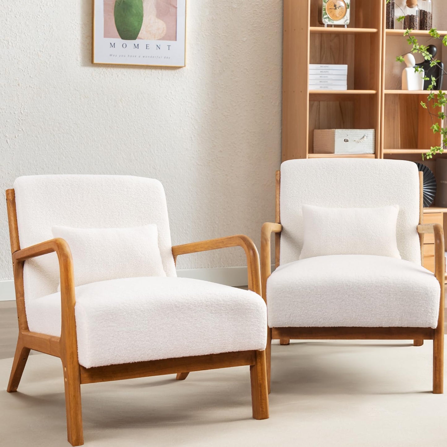 IOMOR Accent Chair Mid Century Modern Chair Linen Fabric Living Room Chairs with Solid Wood Frame Comfy Upholstered and Lumbar Pillow Reading Side Chair Easy Assembly for Bedroom Room (1, Linen Green)