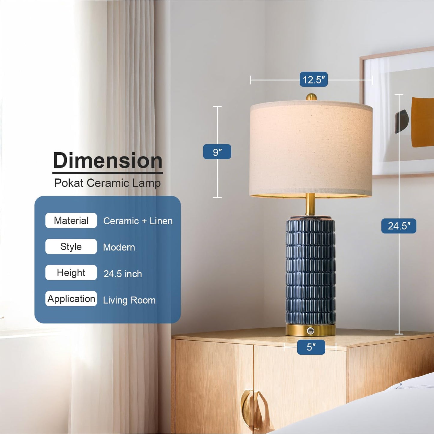 PoKat Touch Bedside Table Lamps with USB Ports for Bedroom Living Room, 25'' Dimmable Nightstand Touch Lamps for Living Room, Modern Ceramic Lamps for Night Stands Bedroom, Office, White and Beige