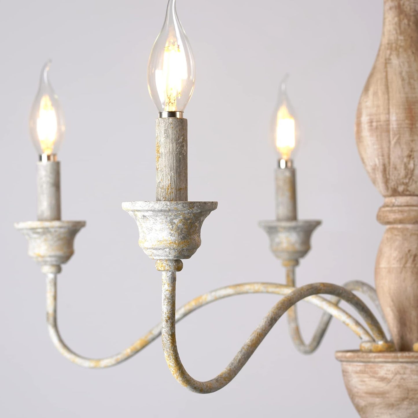 6 Bulb French Country Chandeliers, Large Wood Pendant Light Fixture for Dining Room, Rust Arm Farmhouse Chandelier, Hanging Light for Living Room, Height Adjustable, D29.5 x H24.4