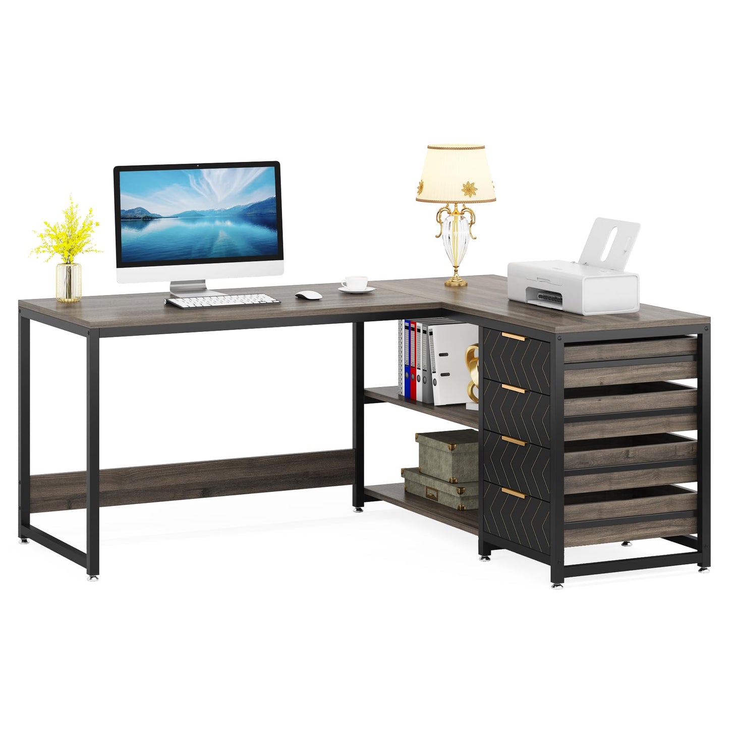 Tribesigns L Shaped Computer Desk with Storage Drawers, 59 inch Corner Desk with Shelves, Reversible L-Shaped Office Desk Study Writing Table Workstation for Home Office, Walnut & White