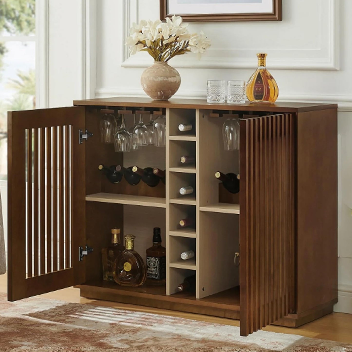 LKTART Wine Cabinet & Coffee Bar with Bottle Holders & Stemware Racks,Liquor Cabinet with Open Storage and Built-in Door Shelves,Bar Cabinet with Solid Wood Legs and Adjustable Shelf