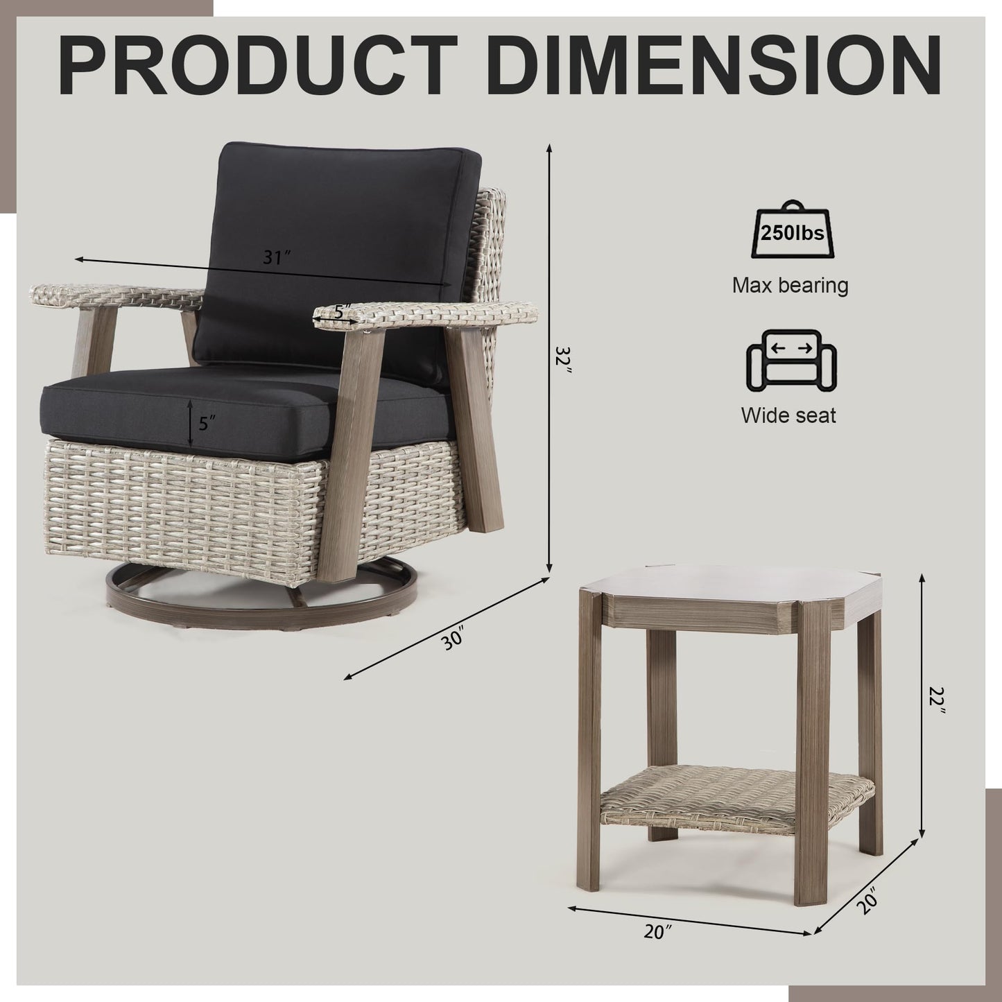 Joyside Patio Chair - Outdoor 360 Degree Swivel Rocker Chair with Durable Fabric Cushion and Ergonomic Structure, Patio Wicker Dining Chair(Grey/Dark Blue)