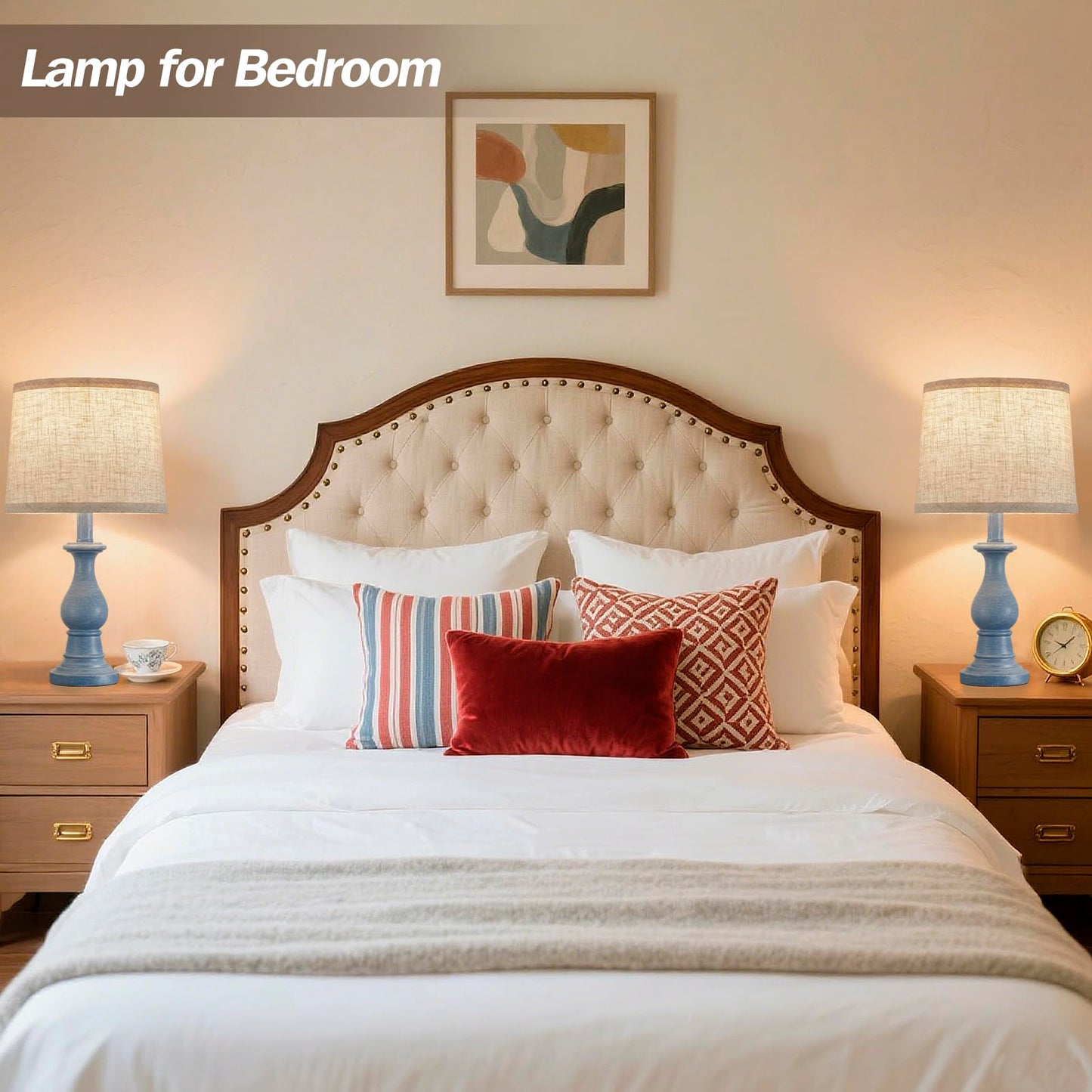 Vintage Table Lamp for Living Room Bedroom, 18.5" Farmhouse Bedside Lamps Nightstand Lamp Set of 2, Table Lamps with Oatmeal Linen Lamp Shades, 2 LED Bulbs Included