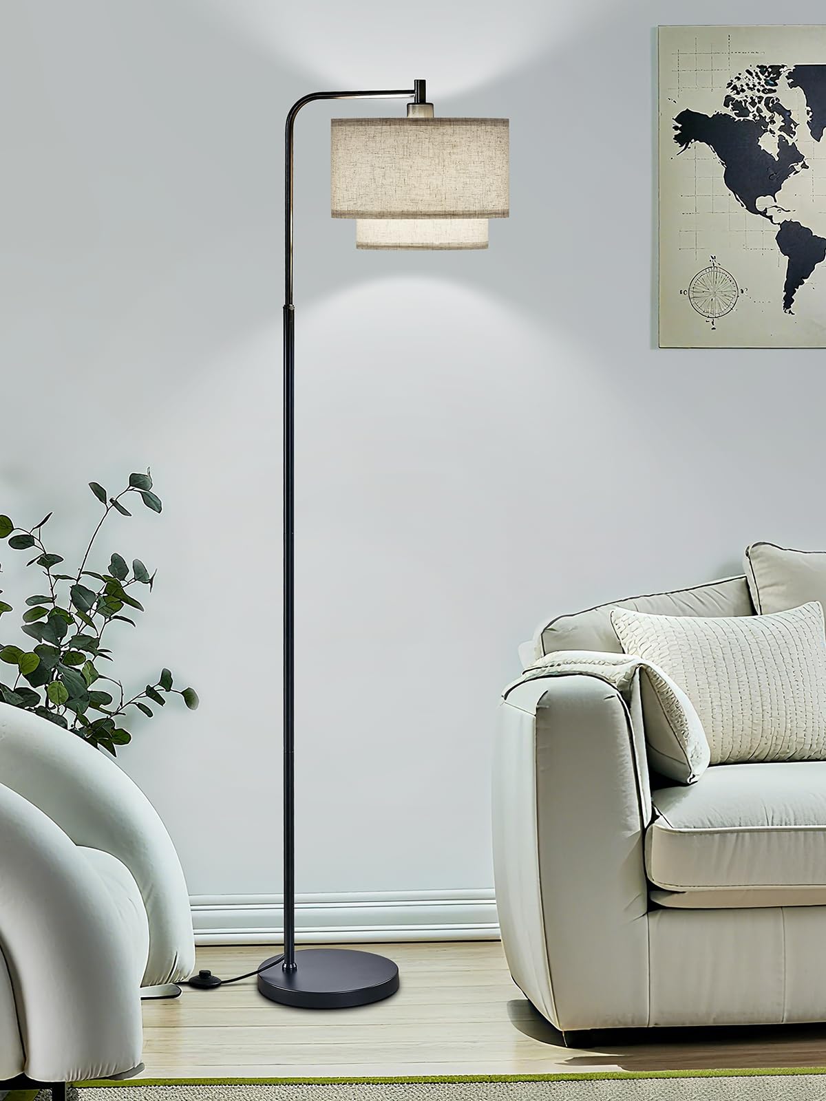 64" Modern Floor Lamp for Living Room Bedroom, Floor Lamp with 3 Color Temperatures, Standing Lamp with Double Oatmeal Linen Lampshade, Tall Lamp with A19 12W LED Bulb, Foot Switch Control, Black