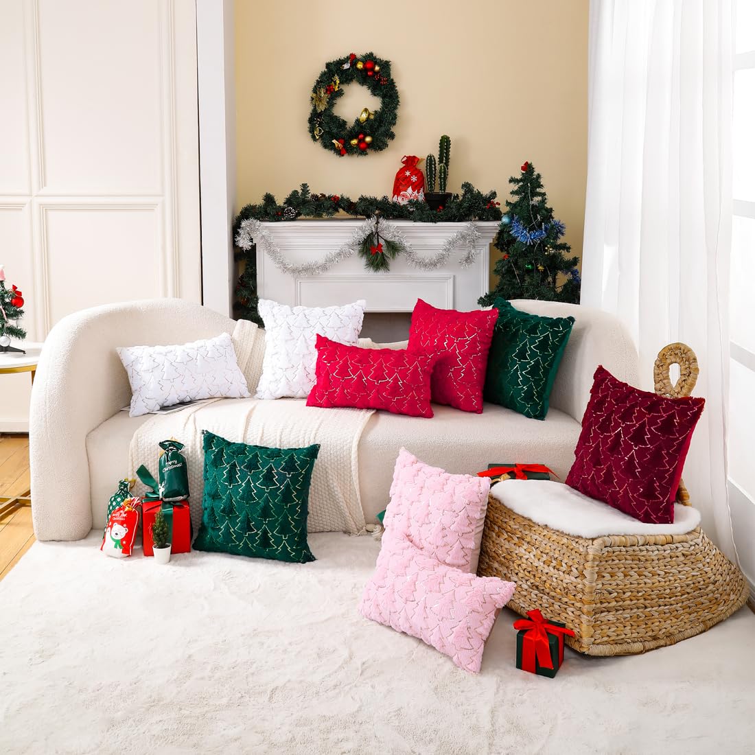 VAKADO Christmas Throw Pillow Covers 18x18 Set of 2 Embroidered Decorative Xmas Couch Cushion Cases Holiday Soft Home Decor for Bedroom Sofa Chair Porch Winter, Cream