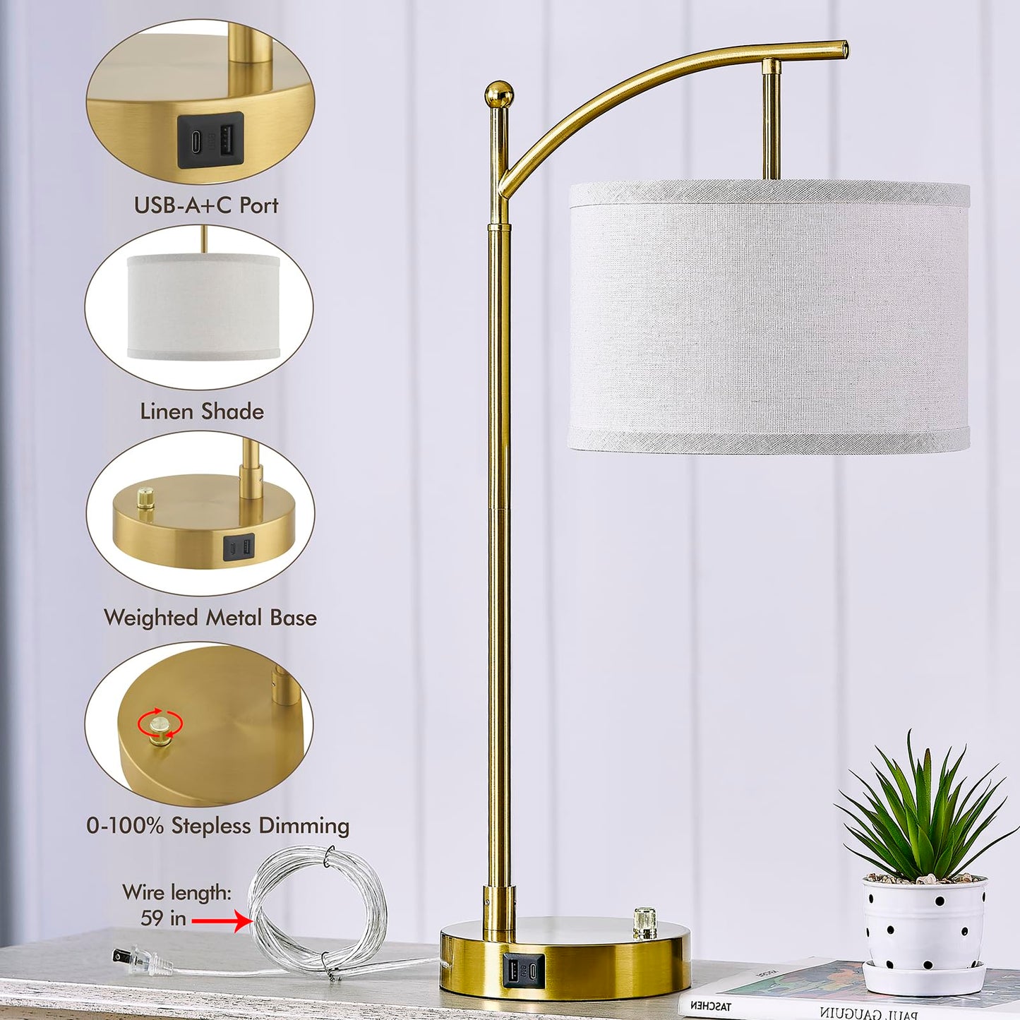 Table Lamp for Living Room Bedroom, 23.5" Table Lamps Set of 2 with USB C+A Ports, Bedside Lamps for Nightstand with Linen Lamp Shades, 2 Dimmable LED Bulbs Included, Black