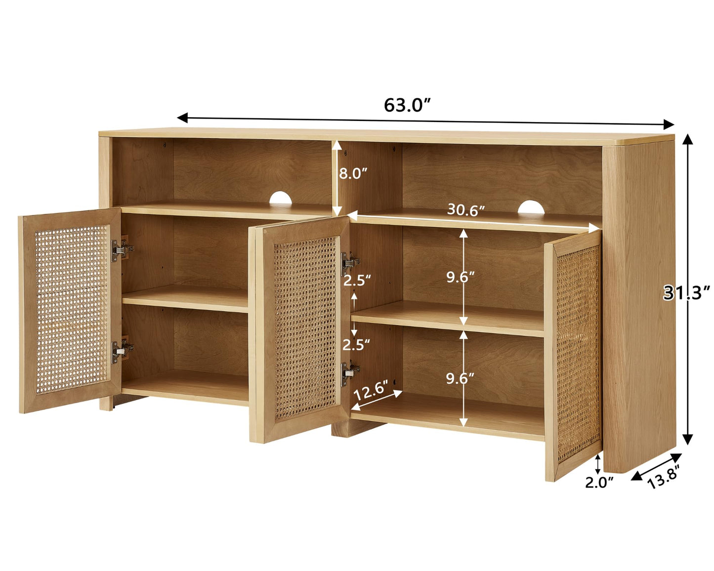 LKTART 63" Rattan Sideboard Buffet Cabinet,Kitchen Storage Cabinet,Wood Coffee Bars with 4 Doors & Open Storage Shelves,Mid Century Modern Credenza Console Table for Living Room,Walnut