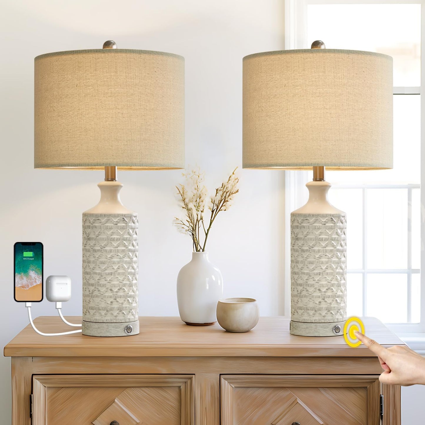 PoKat 24" Modern Contemporary Ceramic Lamp Set of 2 for Living Room White Desk Decor Lamps for Bedroom Farmhouse Bedside Nightstand End Table Lamps, White and Grey