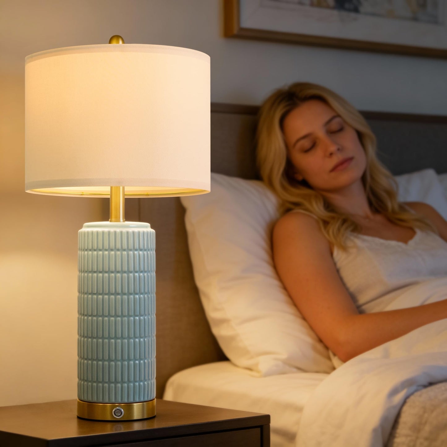 PoKat Touch Bedside Table Lamps with USB Ports for Bedroom Living Room, 25'' Dimmable Nightstand Touch Lamps for Living Room, Modern Ceramic Lamps for Night Stands Bedroom, Office, White and Beige