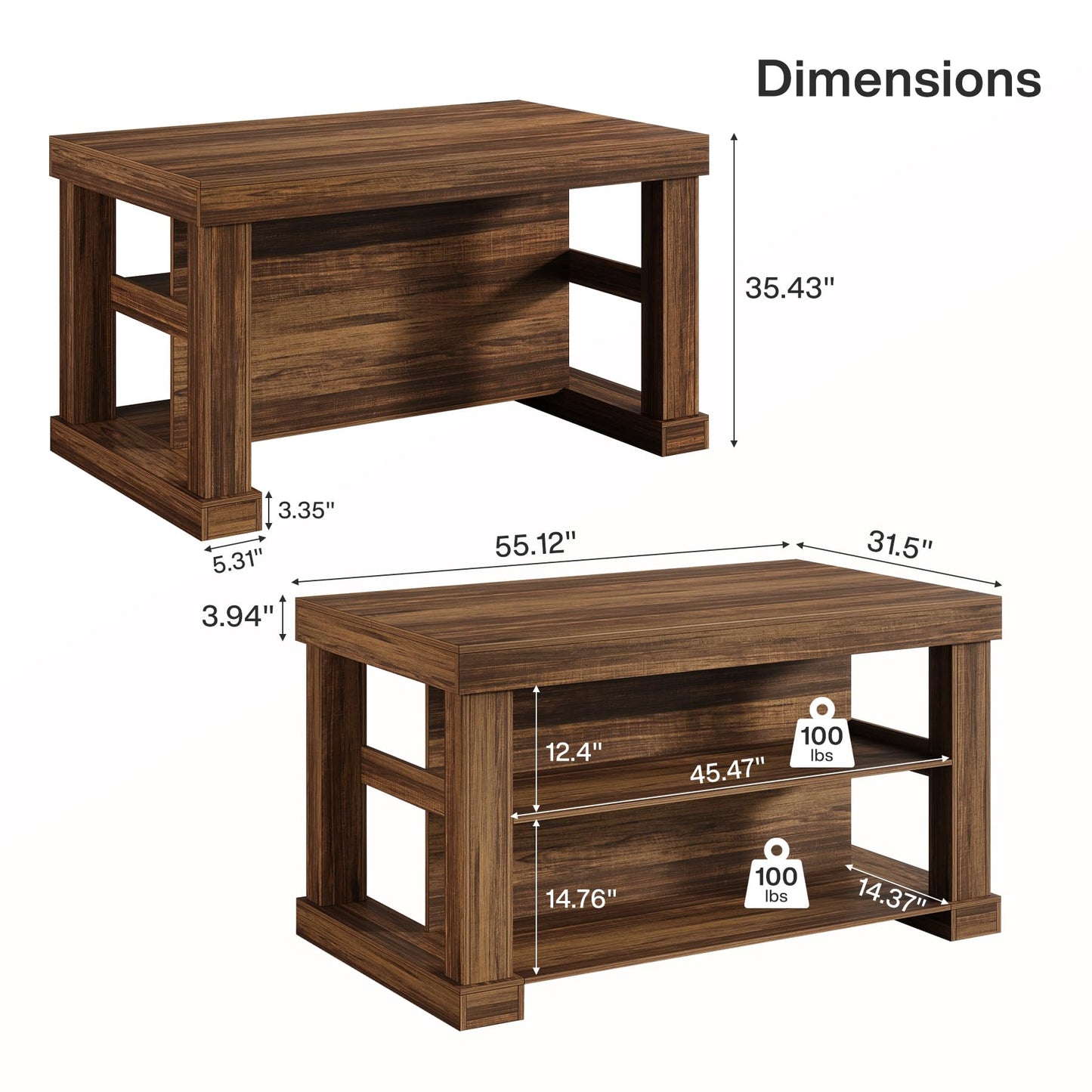 Tribesigns 55" Kitchen Island with Seating and Storage, 3-Tier Farmhouse Wood Stationary Island Table with Large Worktop & Leg Room, Coffee Bar Table with Storage Shelves for Kitchen, White and Brown