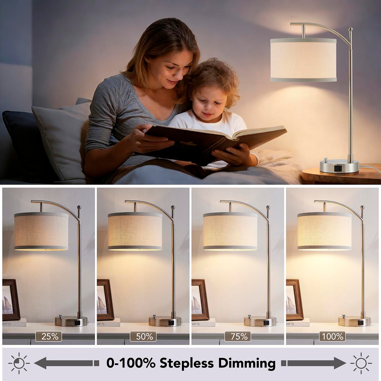 Table Lamp for Living Room Bedroom, 23.5" Table Lamps Set of 2 with USB C+A Ports, Bedside Lamps for Nightstand with Linen Lamp Shades, 2 Dimmable LED Bulbs Included, Black