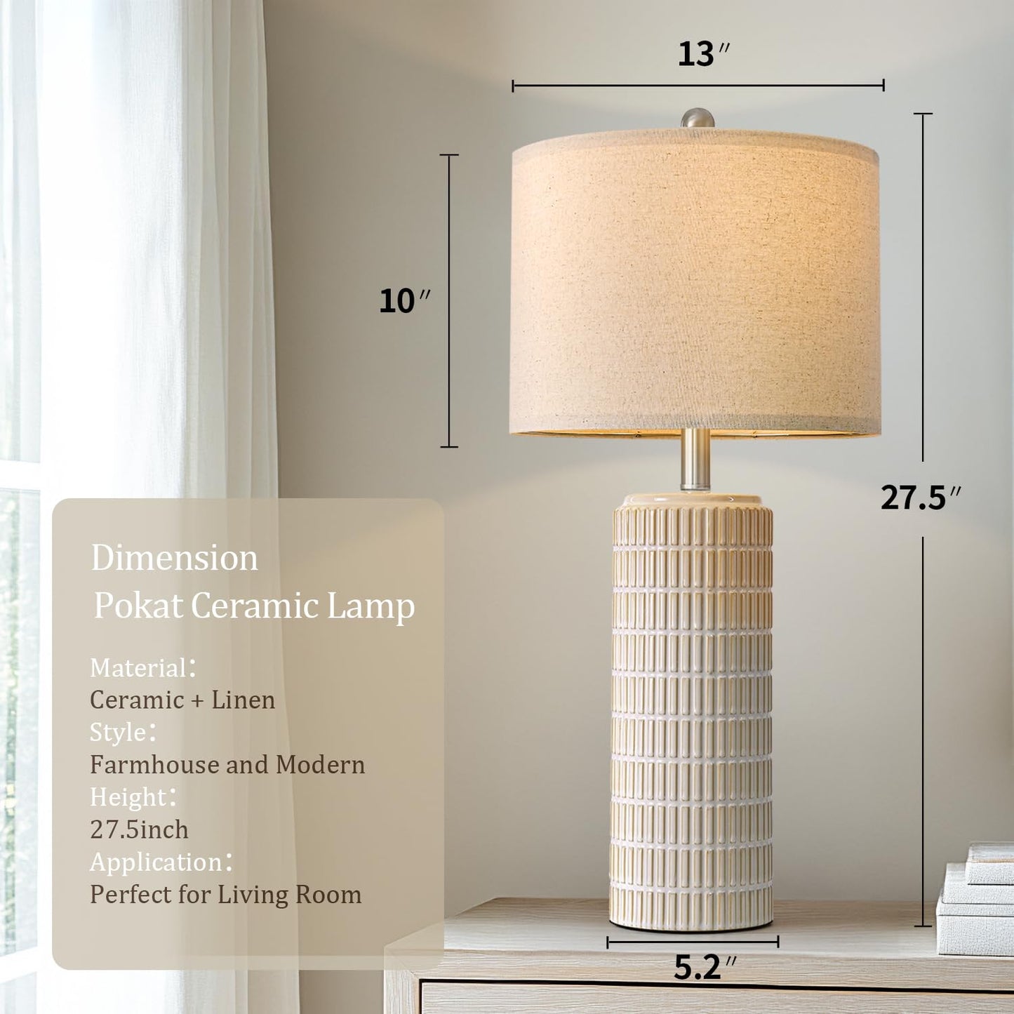 PoKat 23" Modern Ceramic Table Lamp Set of 2 for Living Room White Desk Lamps for Bedroom Farmhouse Bedside Nightstand Lamp House Warming Gifts New Home Decor End Table Lamps Gifts for Women Mom Beige