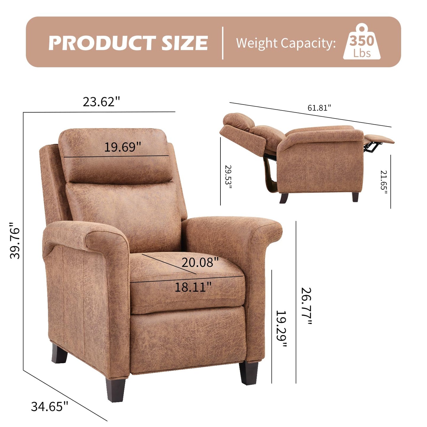 IOMOR Push Back Recliner Chair, Faux Leather Lounge Armchair with Footrest, Decoration Single Sofa Accent Chair for Living Room, Bedroom, Small Spaces (1, L-Brown)